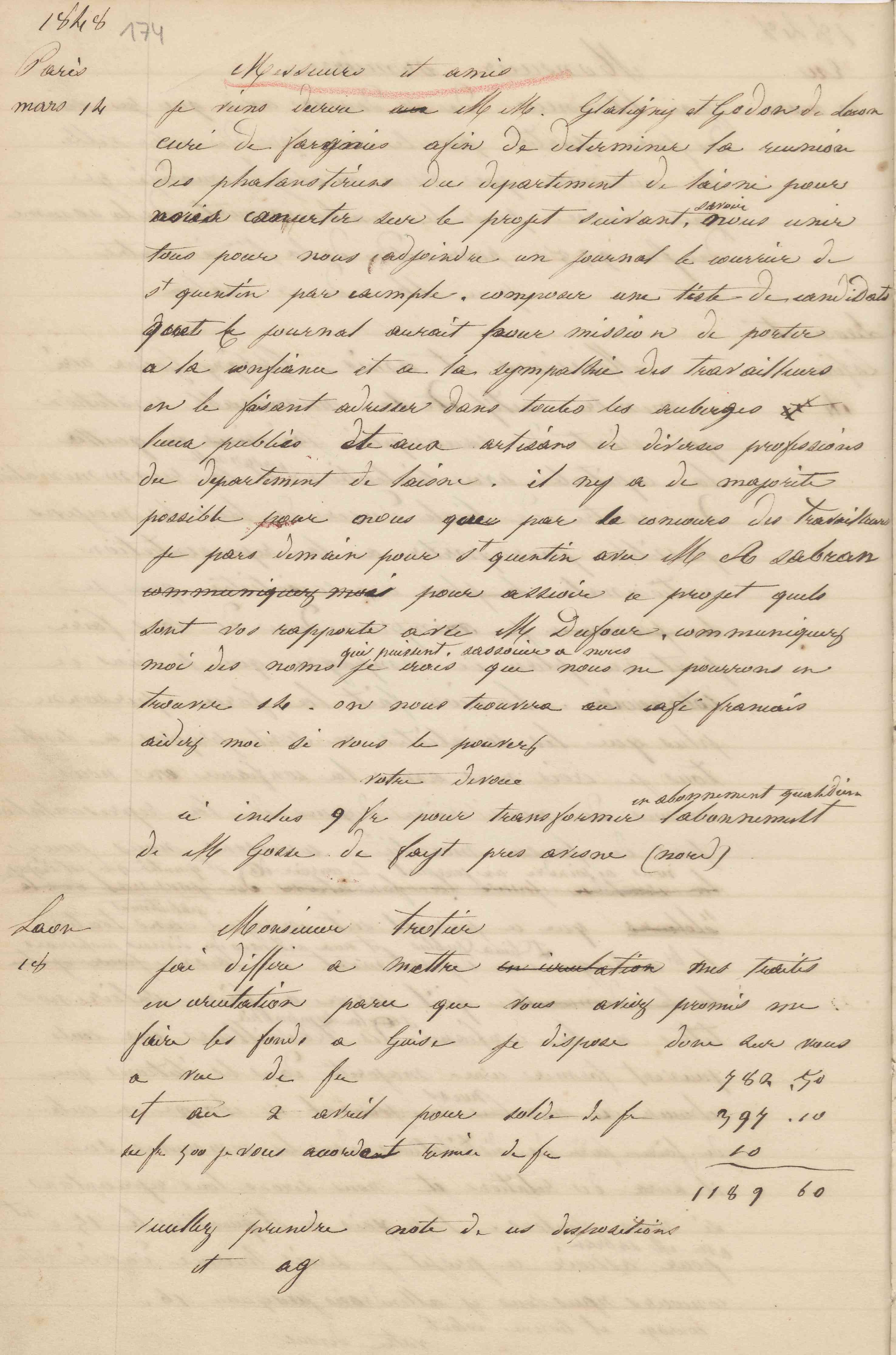 Jean-Baptiste André Godin au gérants de La Démocratie pacifique, 14 mars 1848