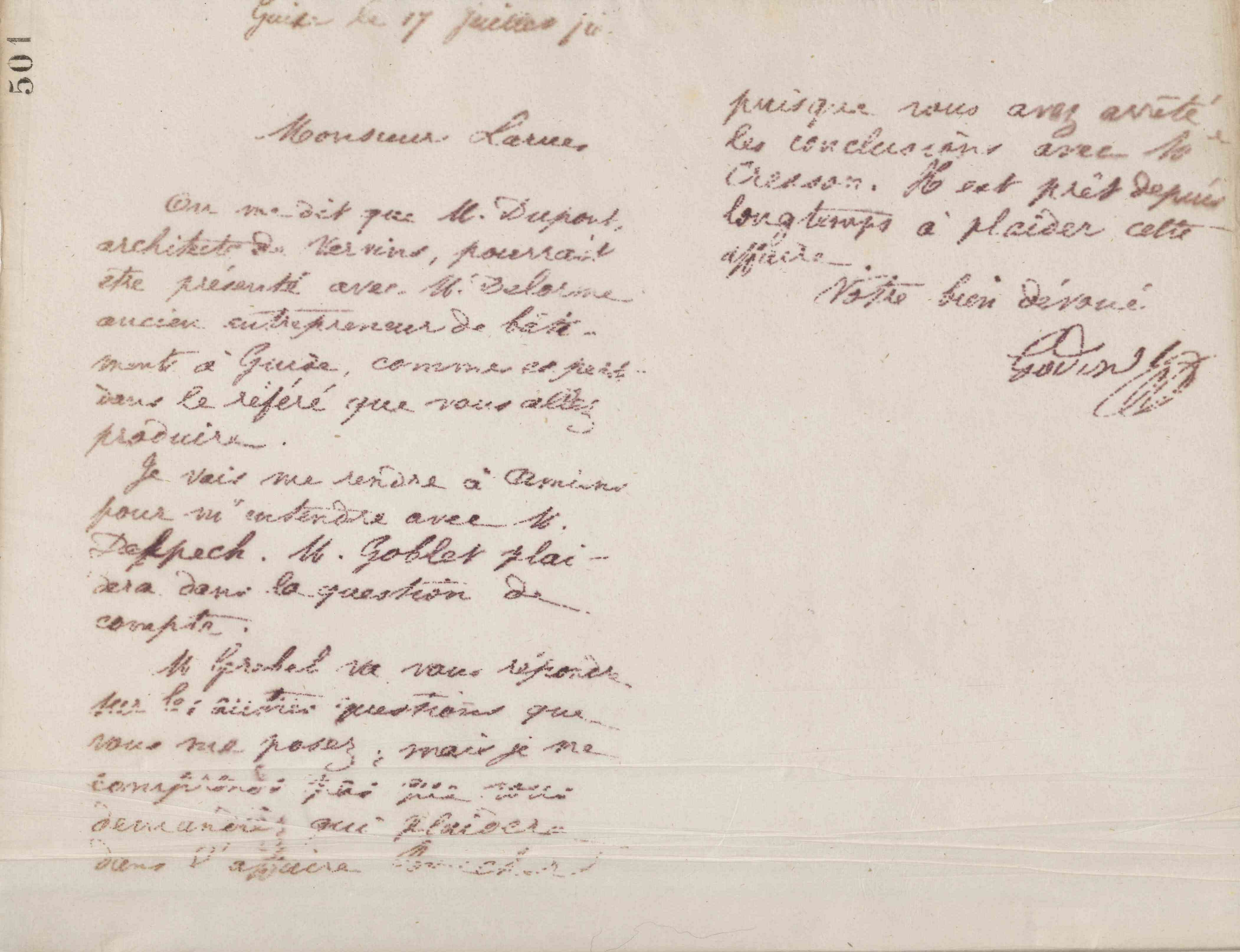 Jean-Baptiste André Godin à Édouard Larue, 17 juillet 1876