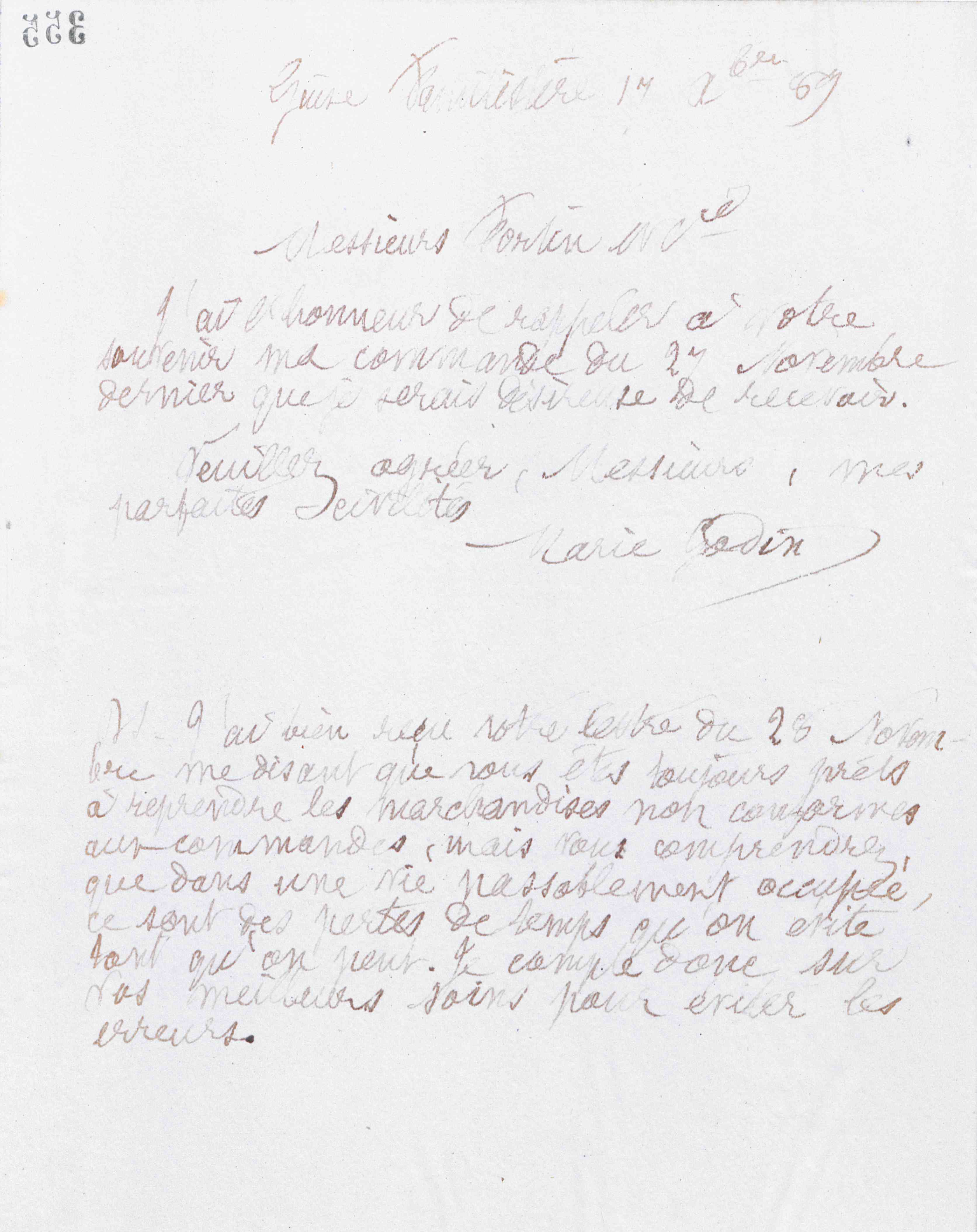 Marie Moret à Fortin et Cie, 17 décembre 1889