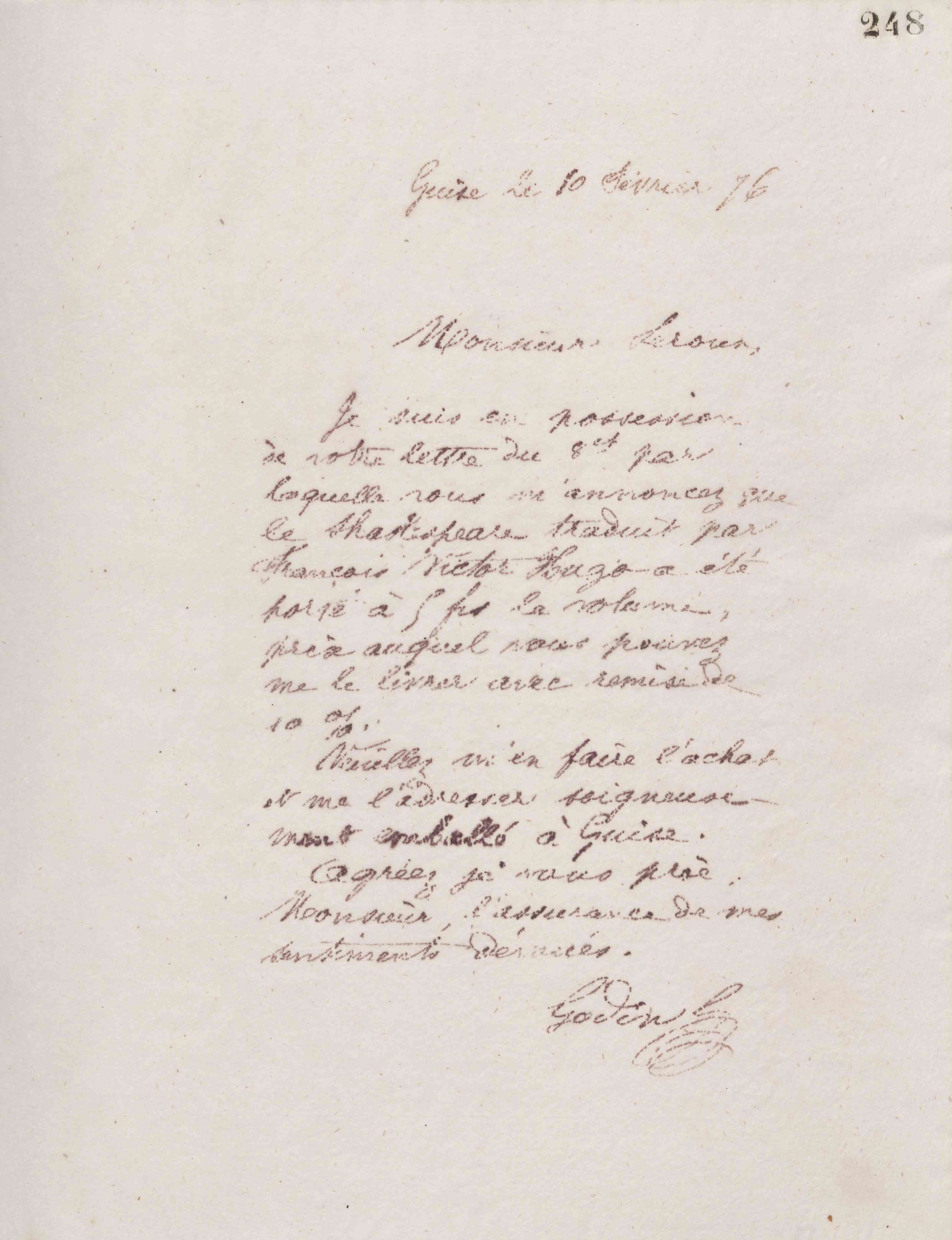 Jean-Baptiste André Godin à Ernest Leroux, 10 février 1876 Jean-Baptiste André Godin à Ernest Leroux, 10 février 1876