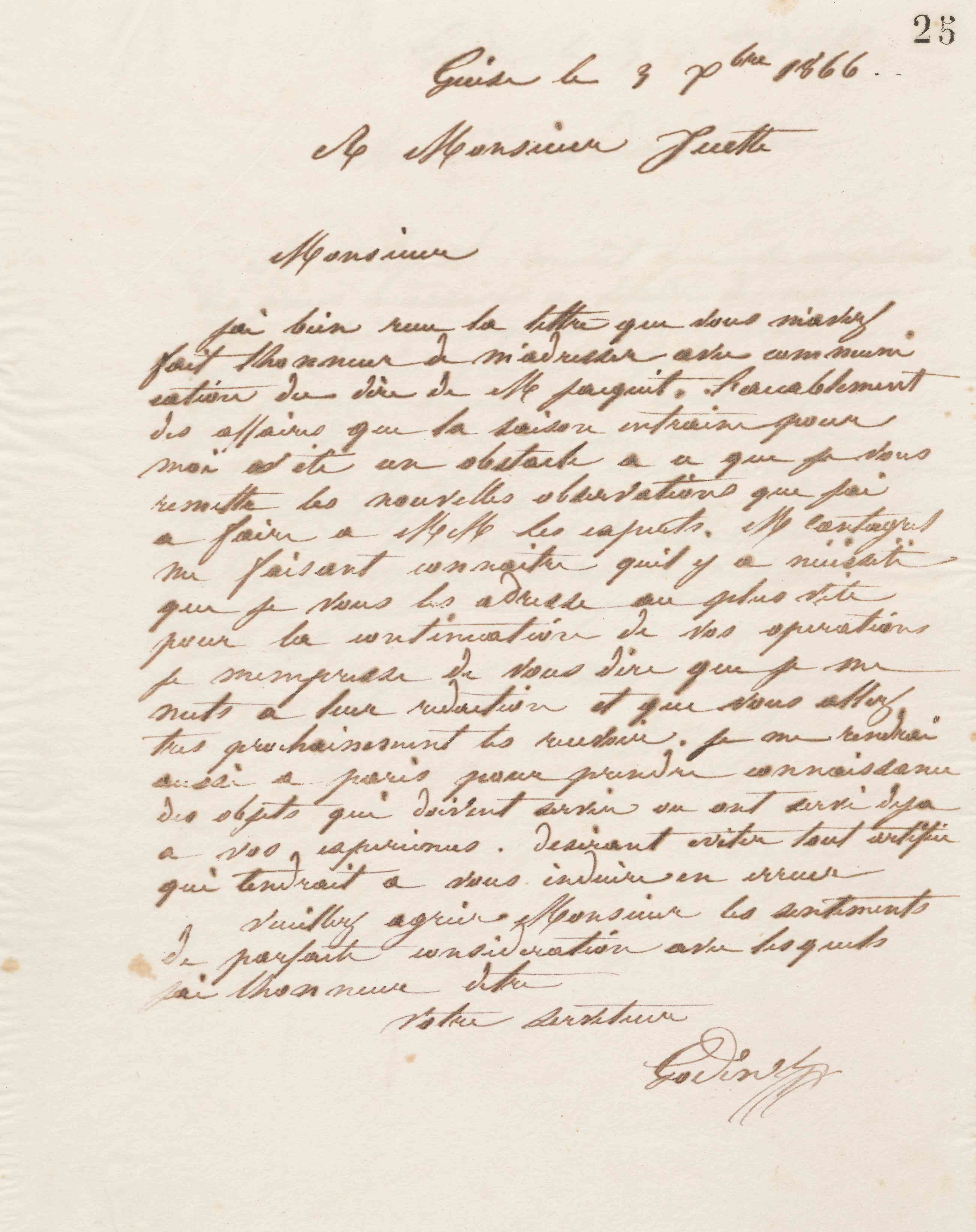 Jean-Baptiste André Godin à monsieur Juette, 3 décembre 1866