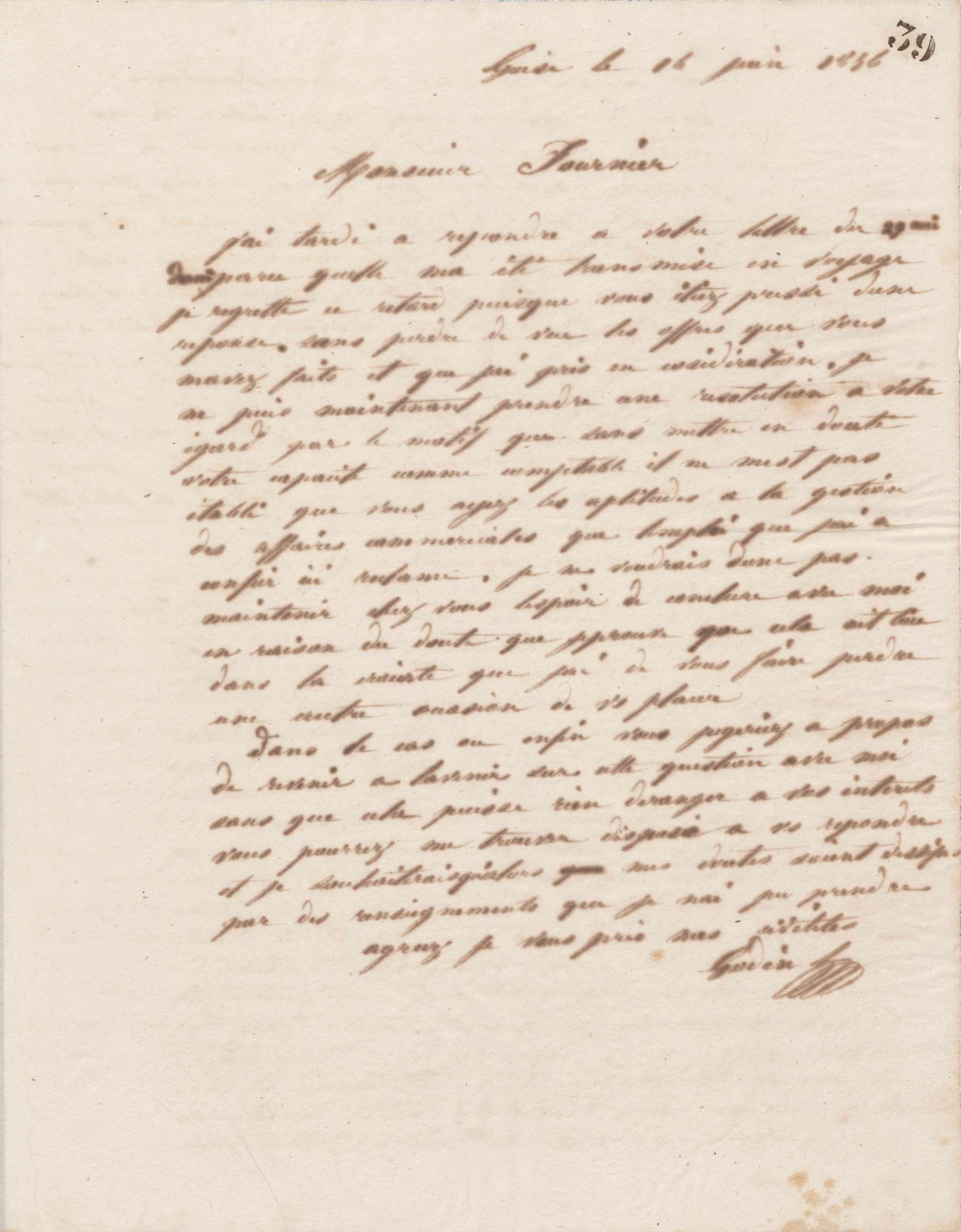 Jean-Baptiste André Godin à monsieur Fournier, 16 juin 1856