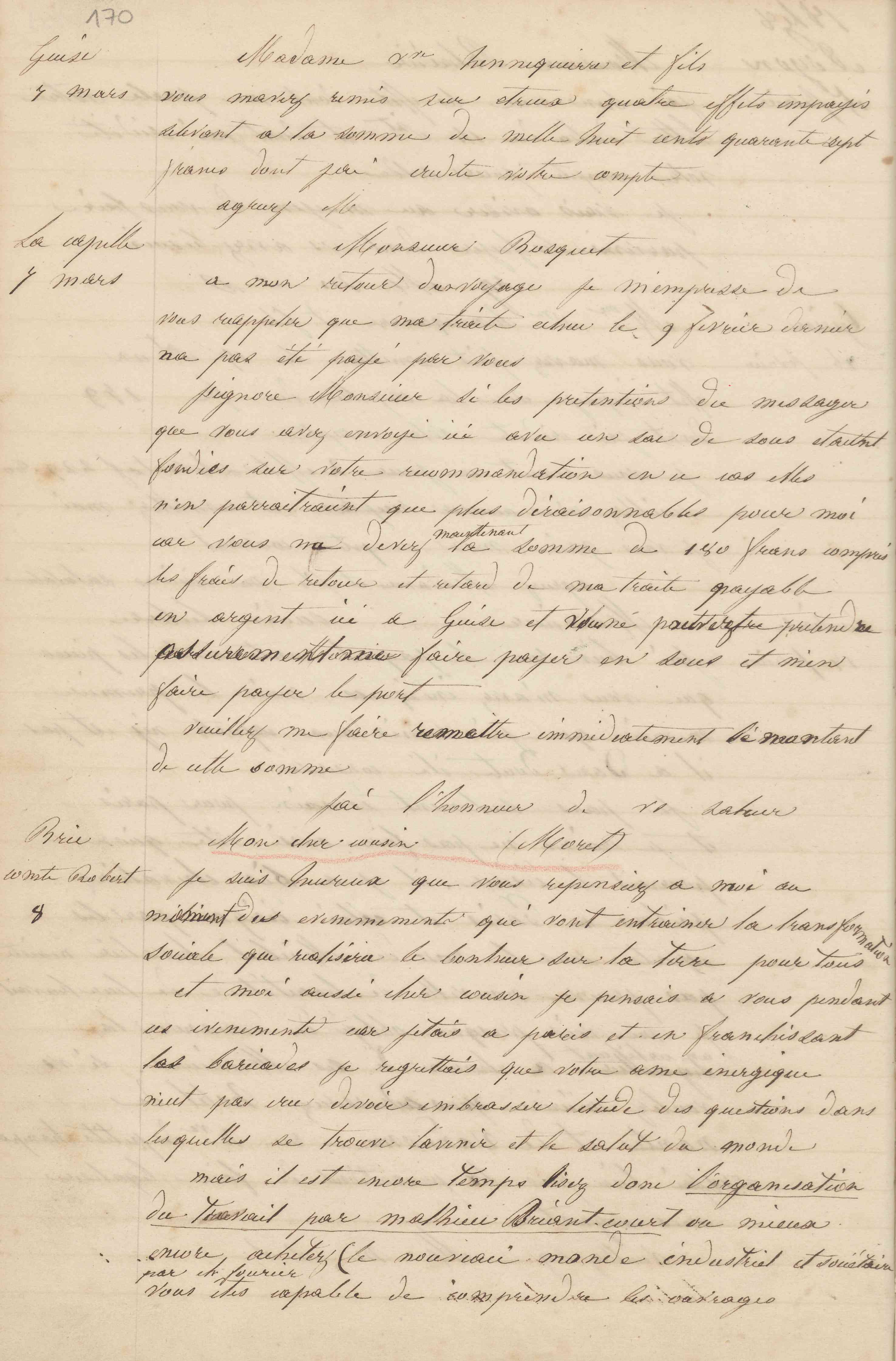 Jean-Baptiste André Godin à monsieur Bosquet, 7 mars 1848