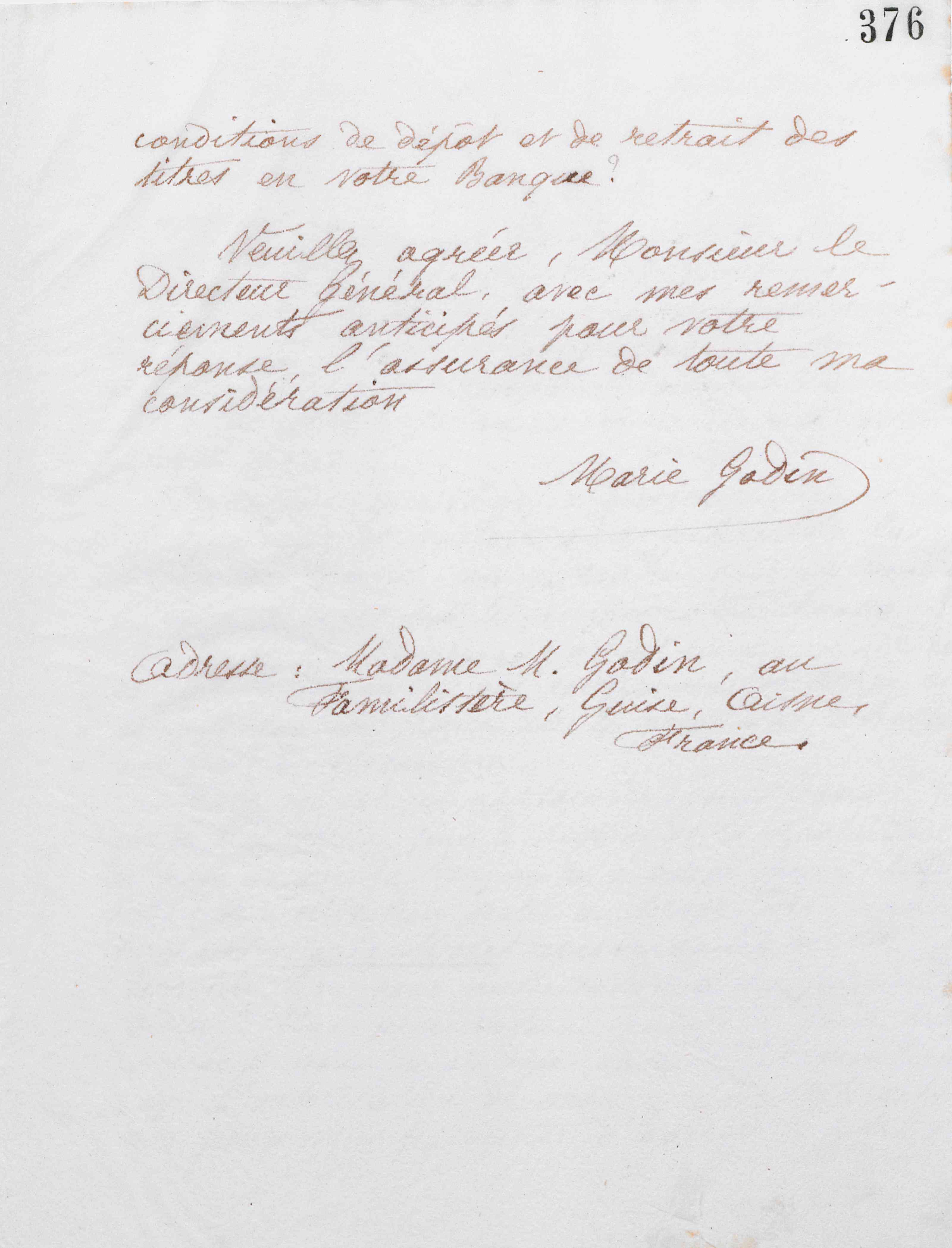 Marie Moret au Directeur général de la Banca nazionale, 4 novembre 1886 Marie Moret au Directeur général de la Banca nazionale, 4 novembre 1886