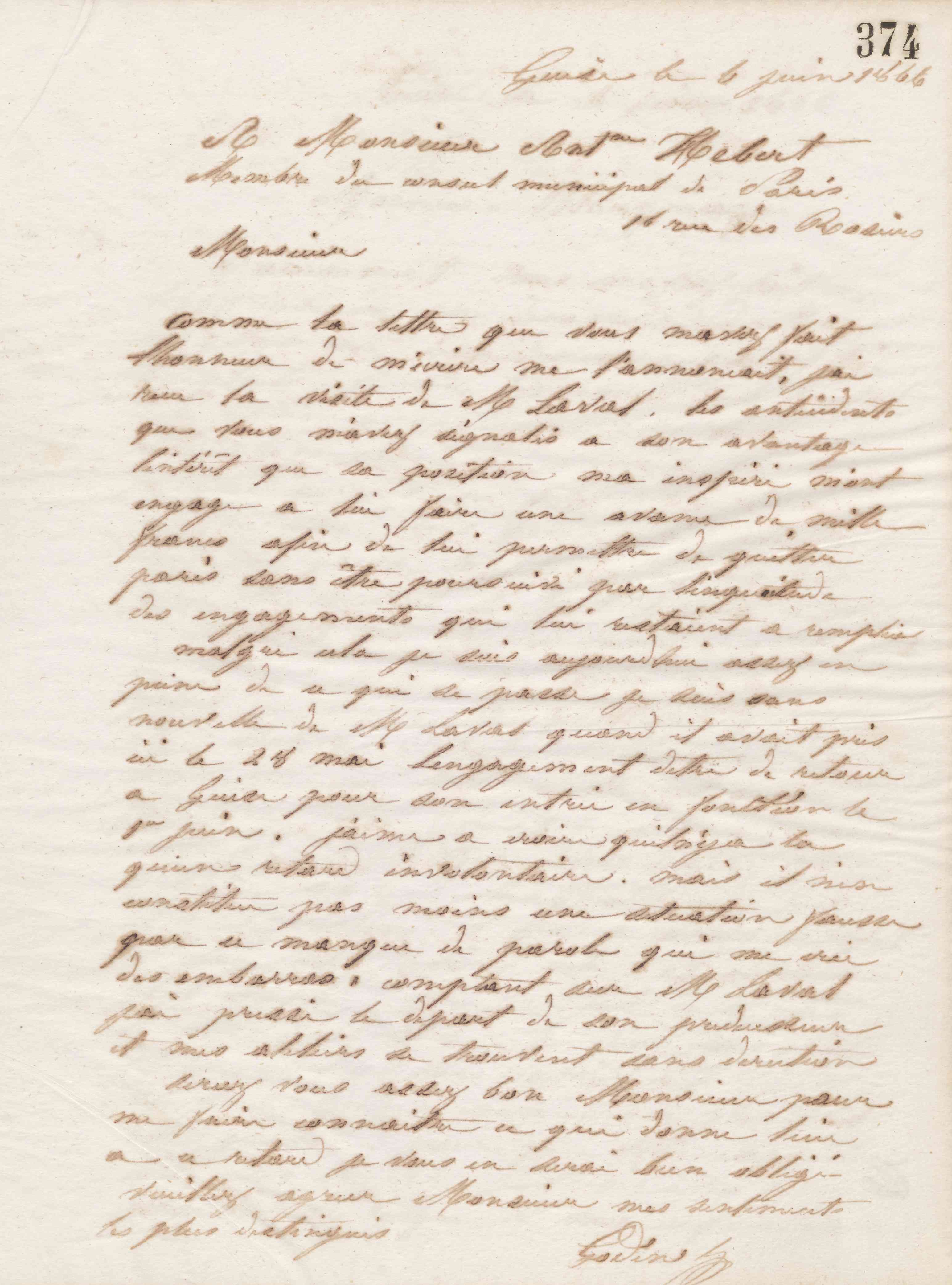 Jean-Baptiste André Godin à Antoine Hébert, 6 juin 1866