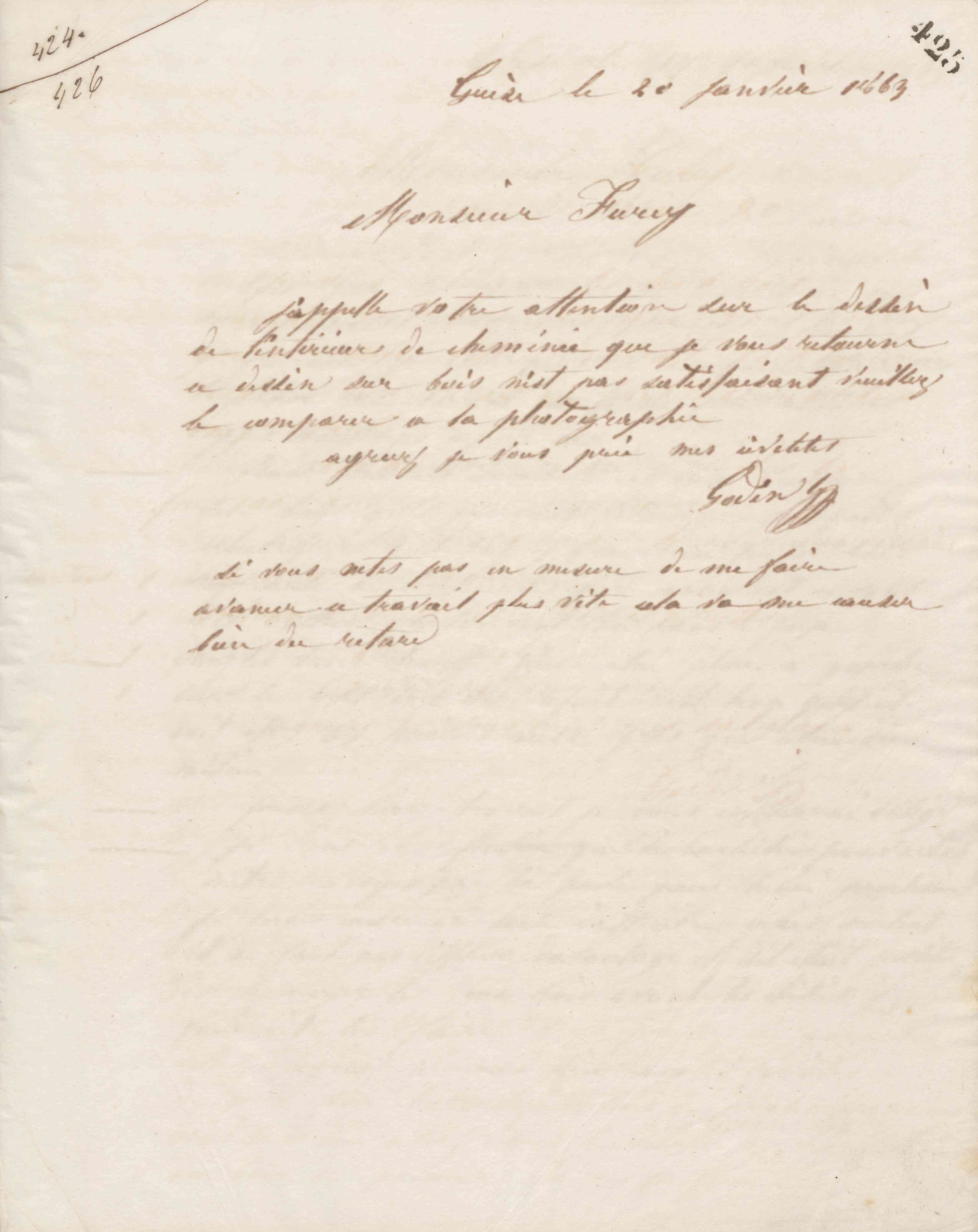 Jean-Baptiste André Godin à monsieur C. H. Furcy, 20 janvier 1863