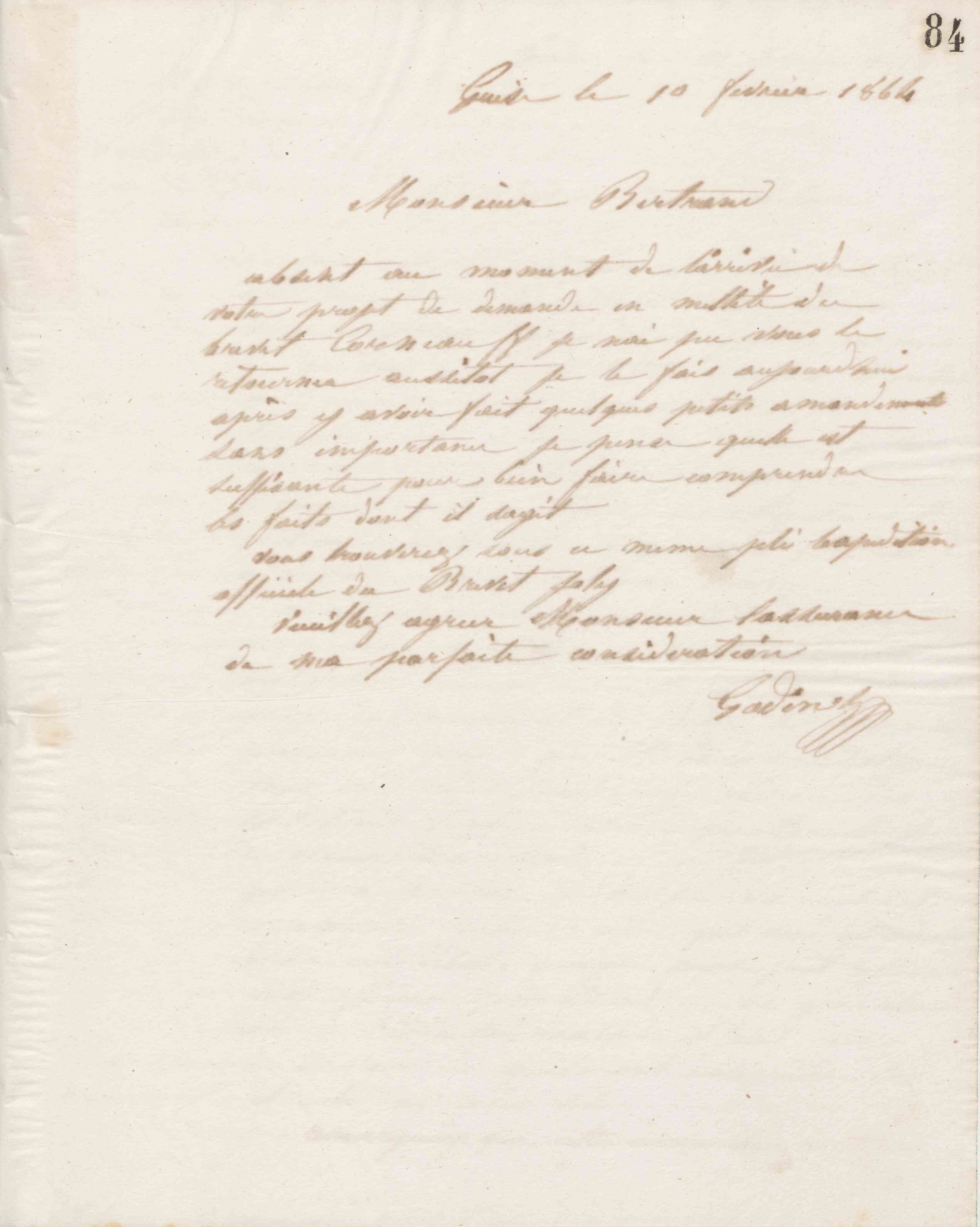 Jean-Baptiste André Godin à monsieur Bertrand, 10 février 1864