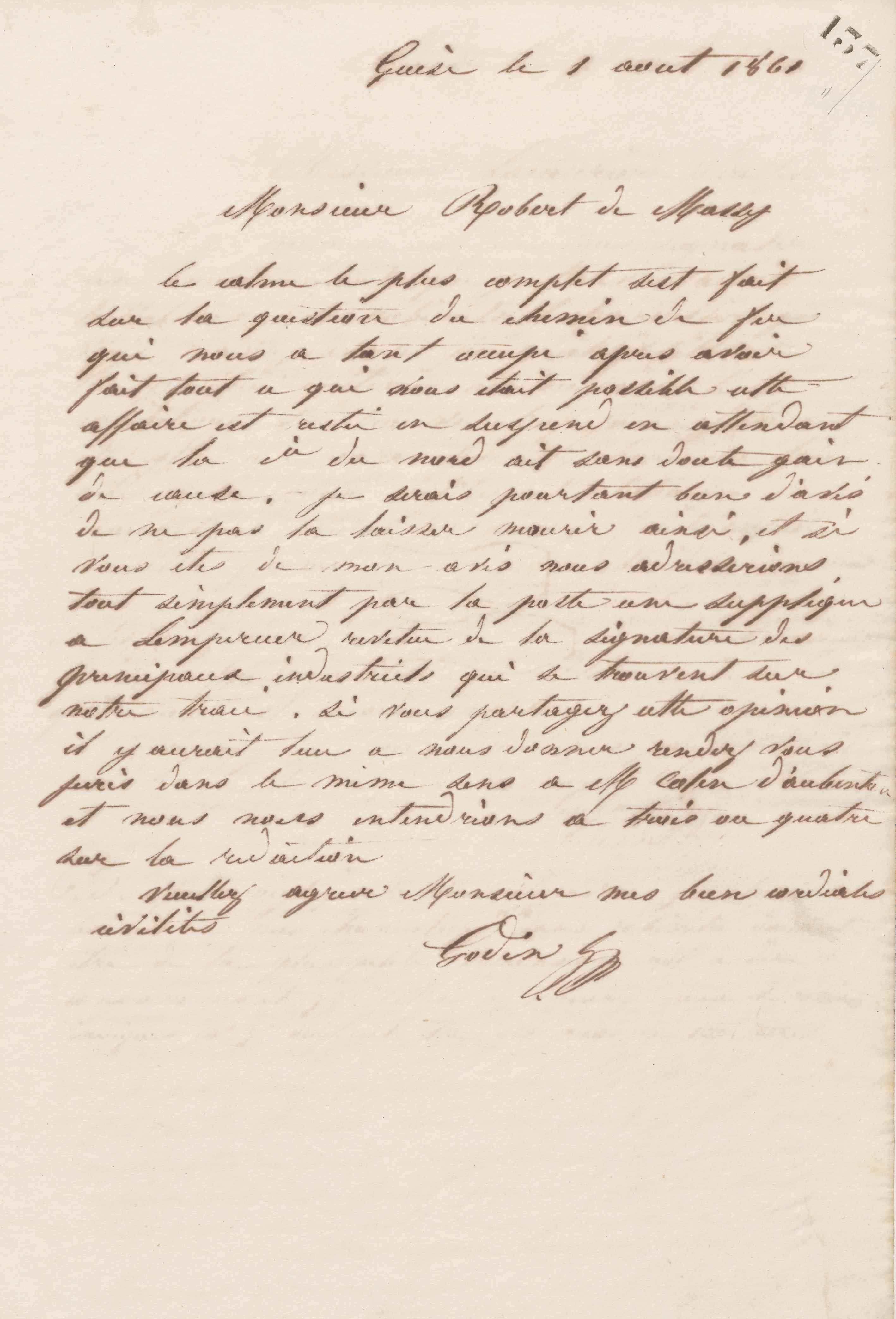 Jean-Baptiste André Godin à Louis Robert de Massy, 1er août 1861