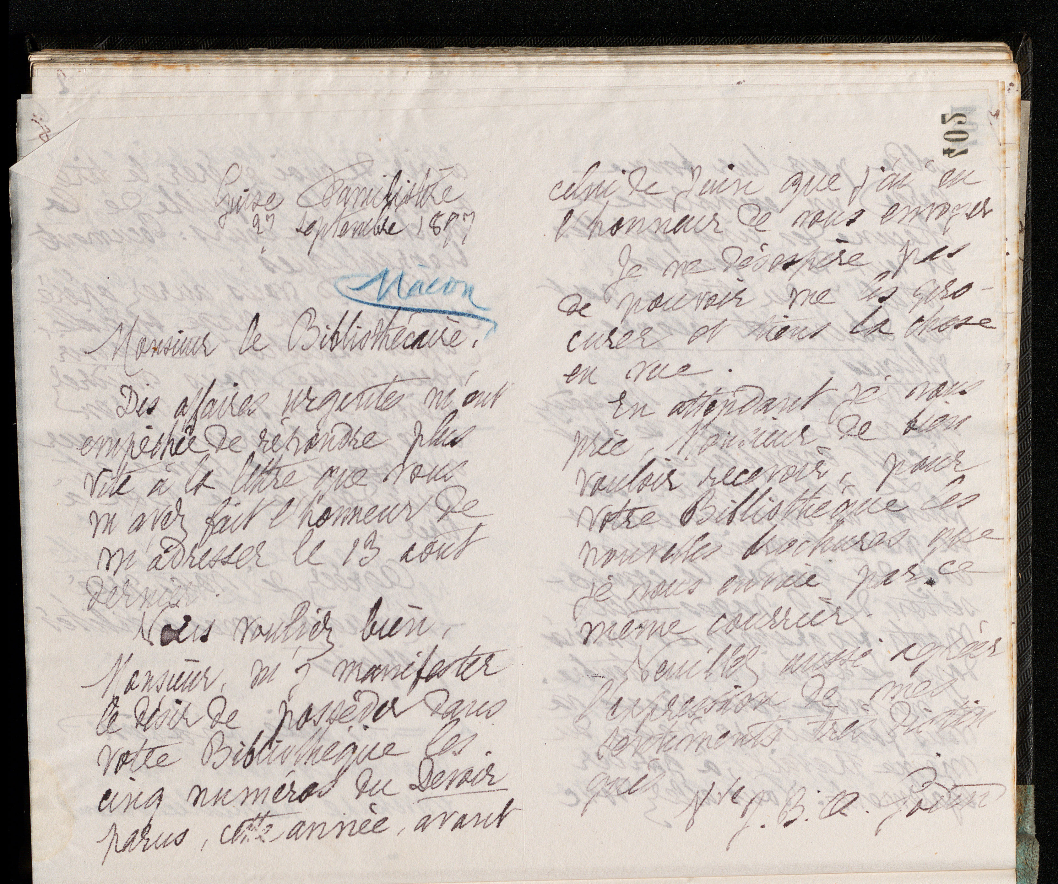 Marie Moret à la bibliothèque municipale de Mâcon, 27 septembre 1897
