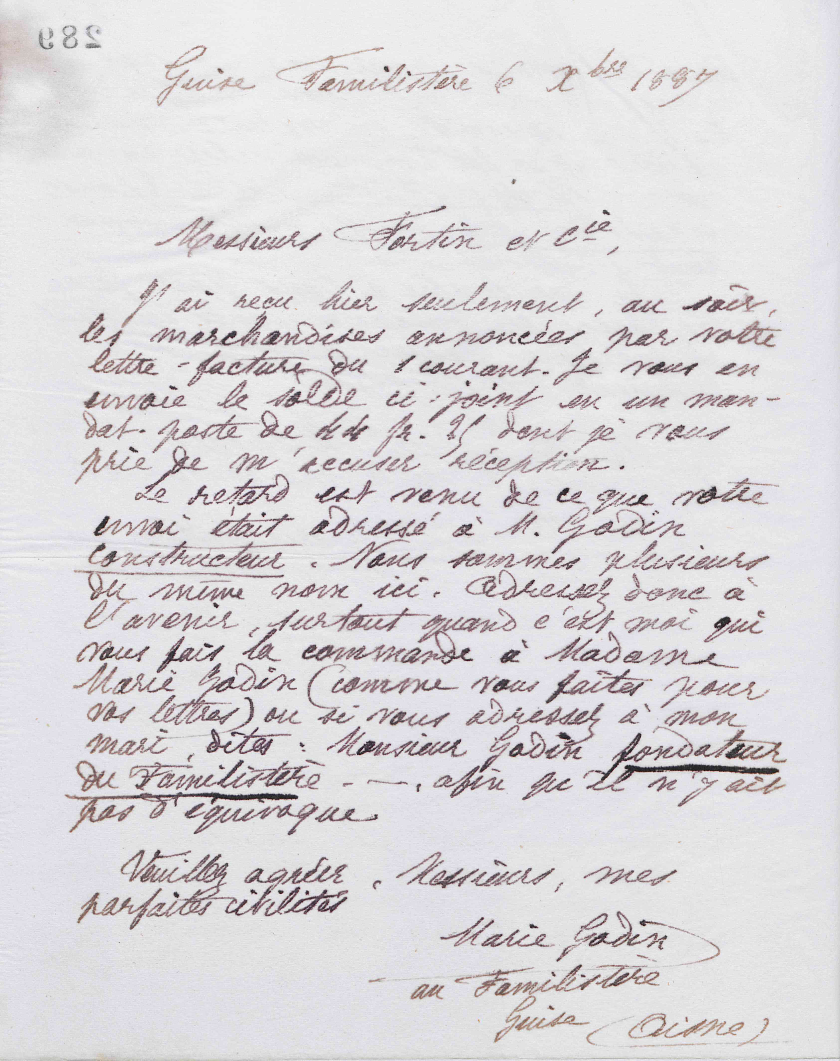 Marie Moret à Fortin et Cie, 6 décembre 1887