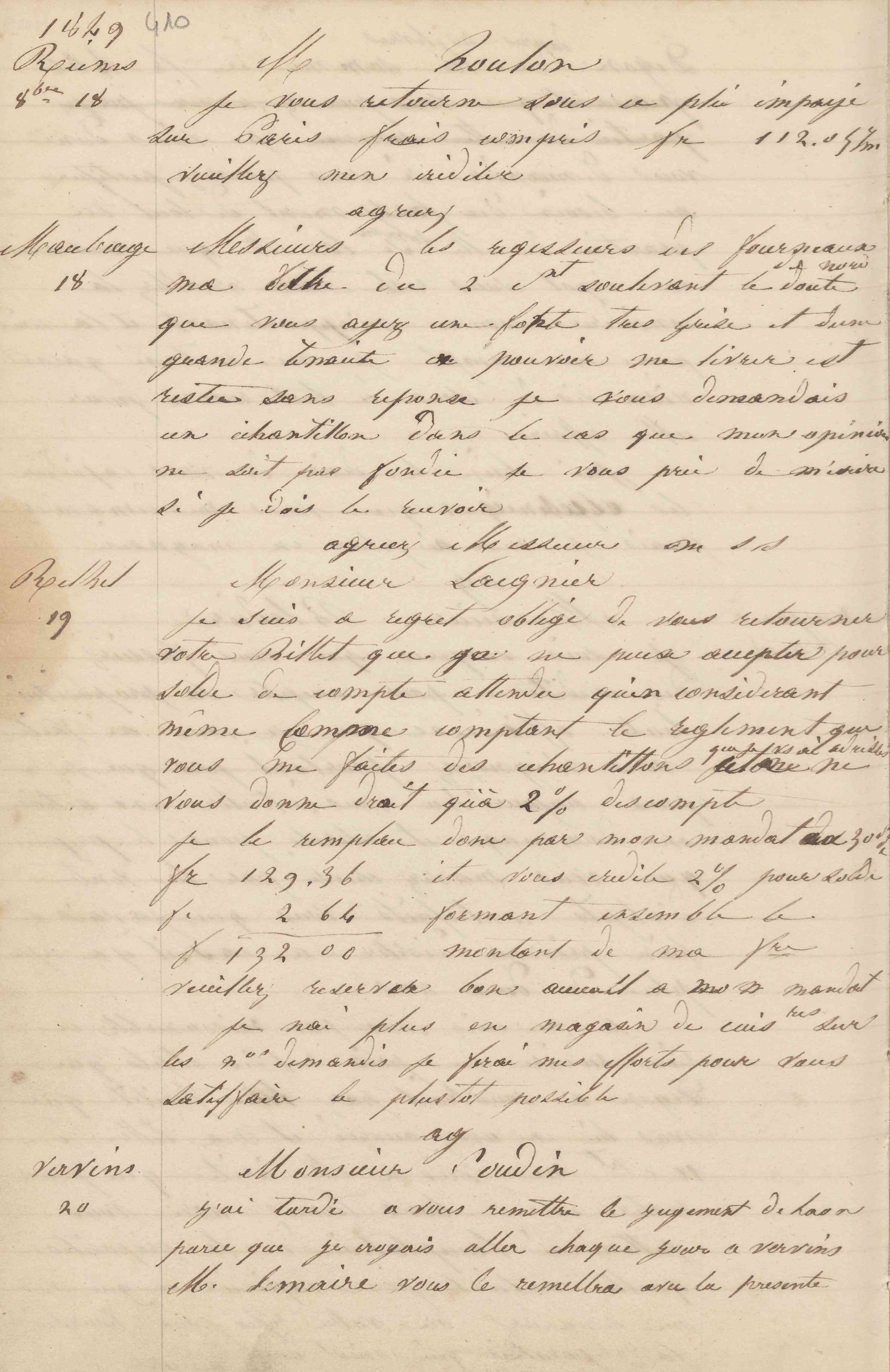 Jean-Baptiste André Godin à monsieur Laignier, 19 [octobre 1849]