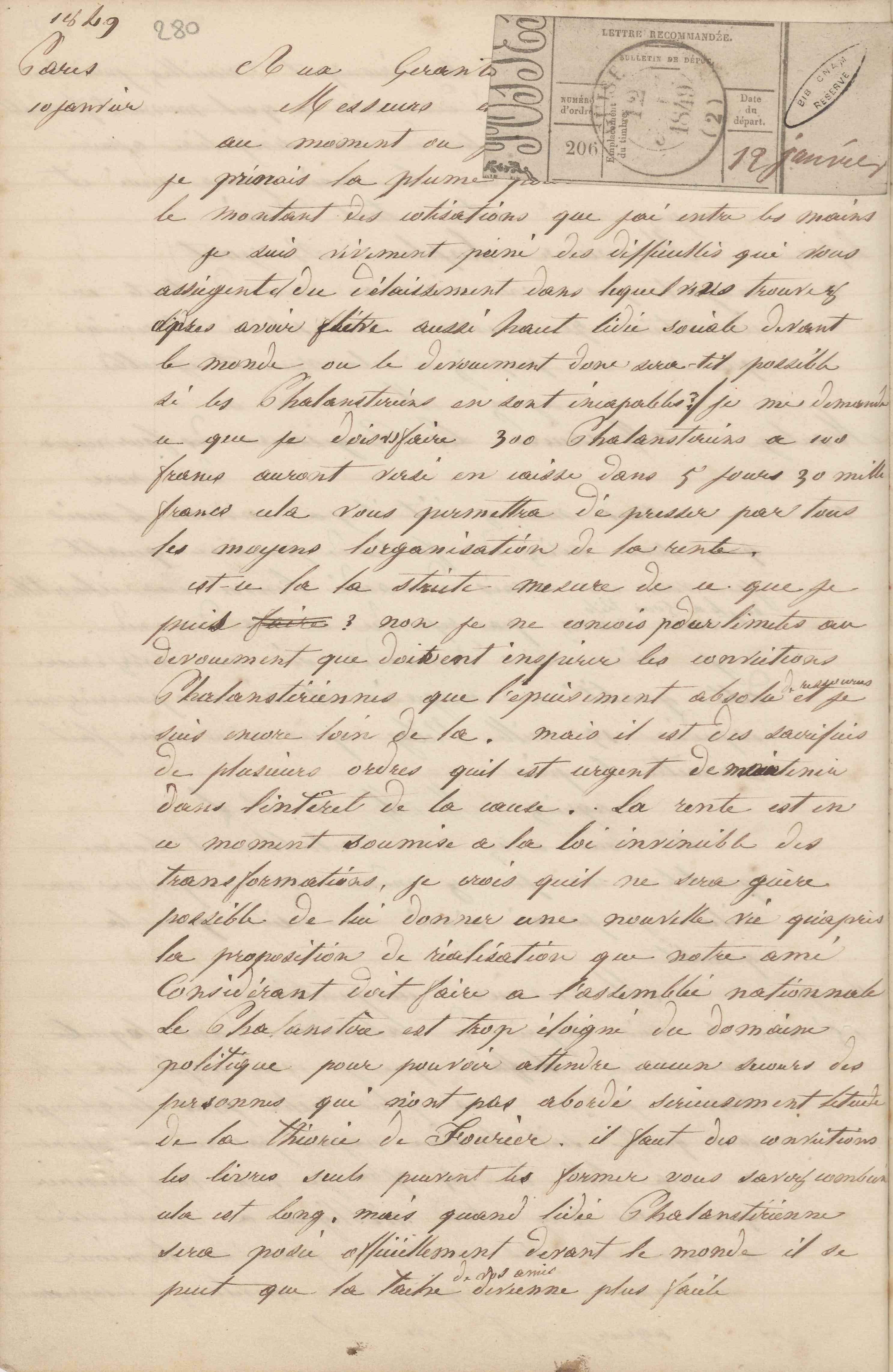 Jean-Baptiste André Godin aux gérants de La Démocratie pacifique, 10 janvier 1849