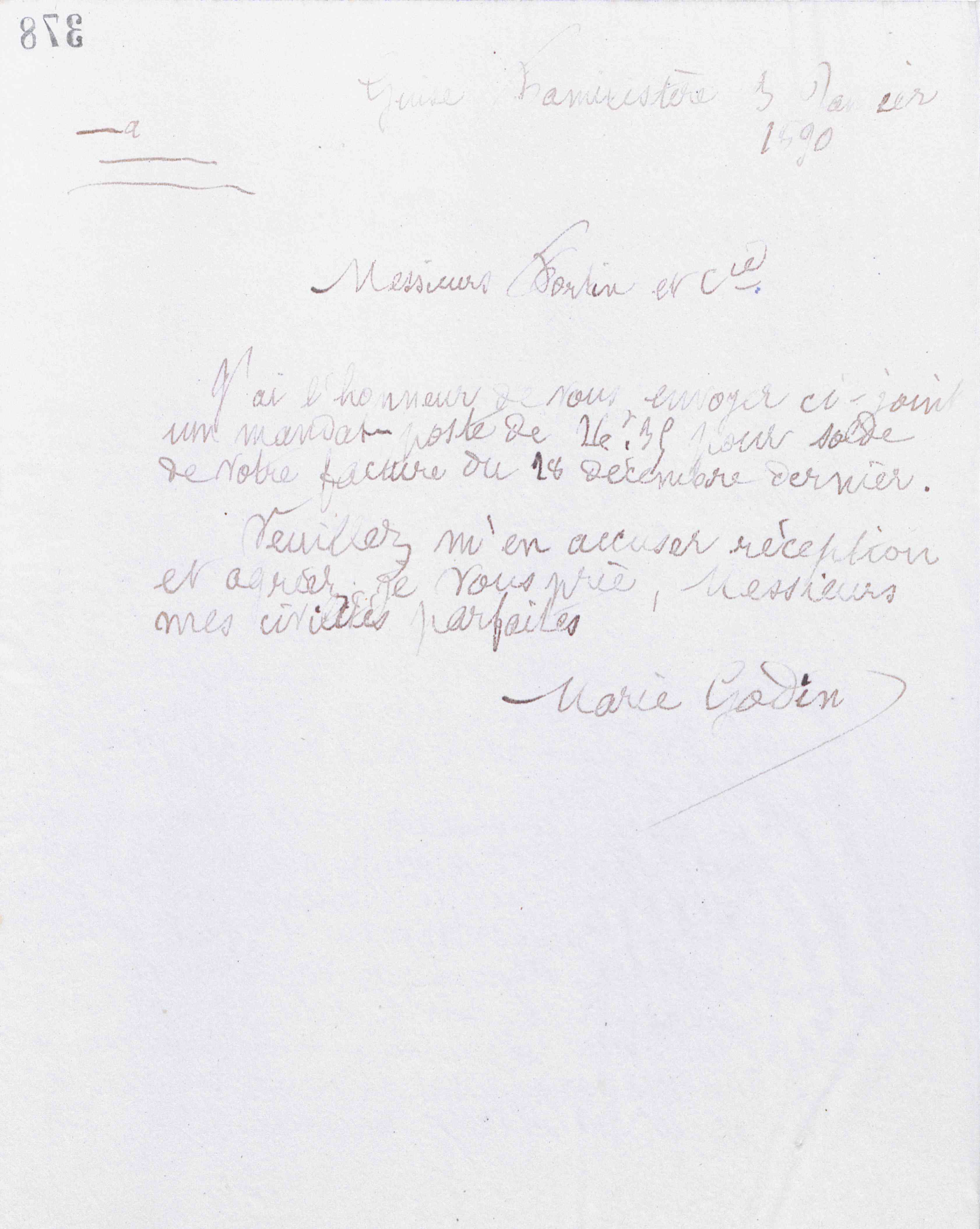 Marie Moret à Fortin et Cie, 3 janvier 1890