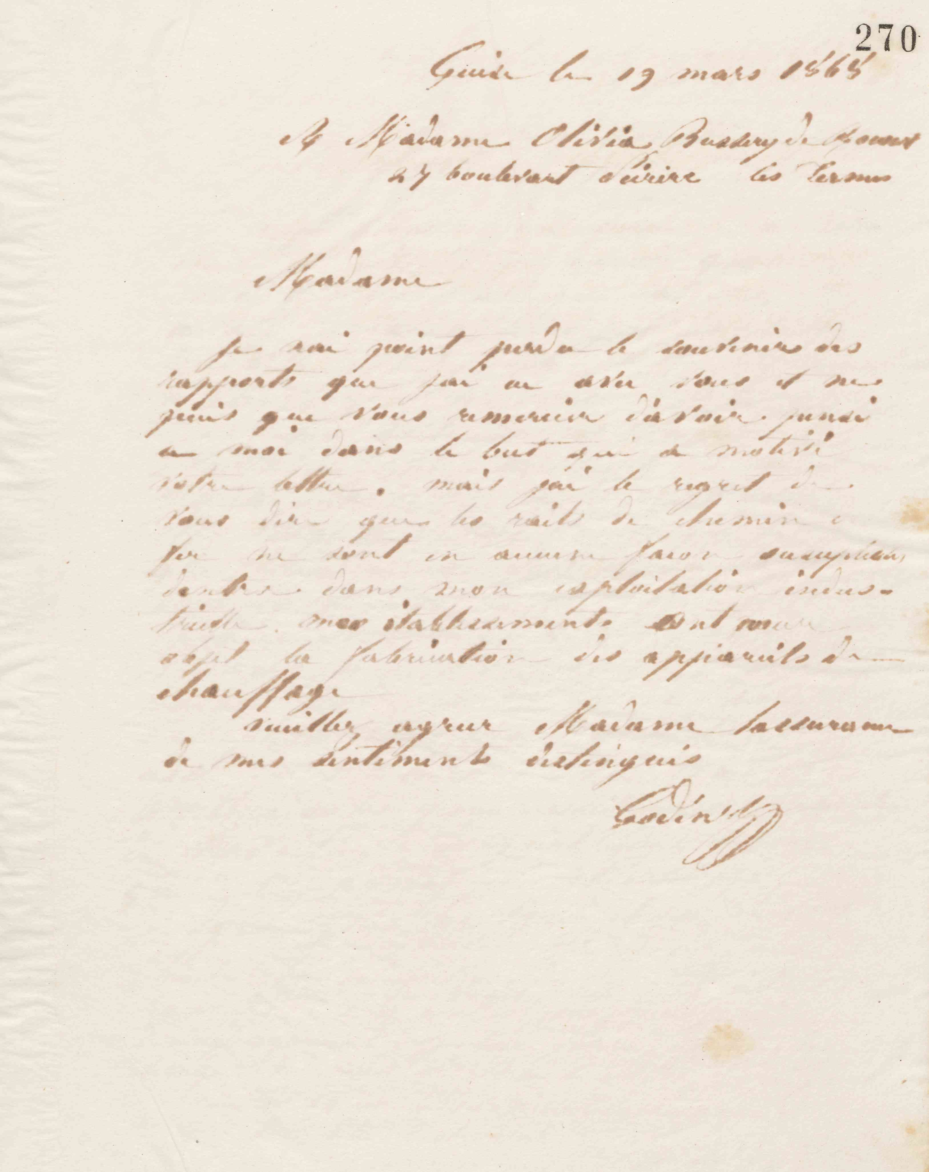 Jean-Baptiste André Godin à Olivia Bussery de Rocourt, 19 mars 1868