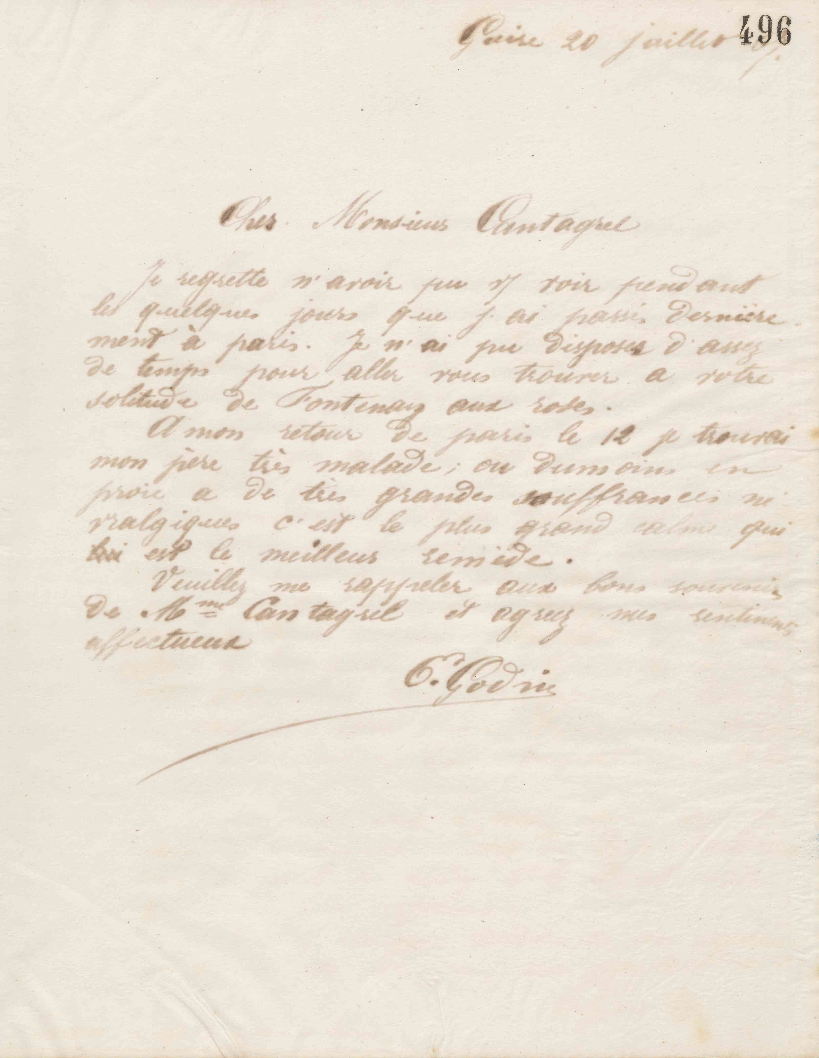 Émile Godin à François Cantagrel, 20 juillet 1867