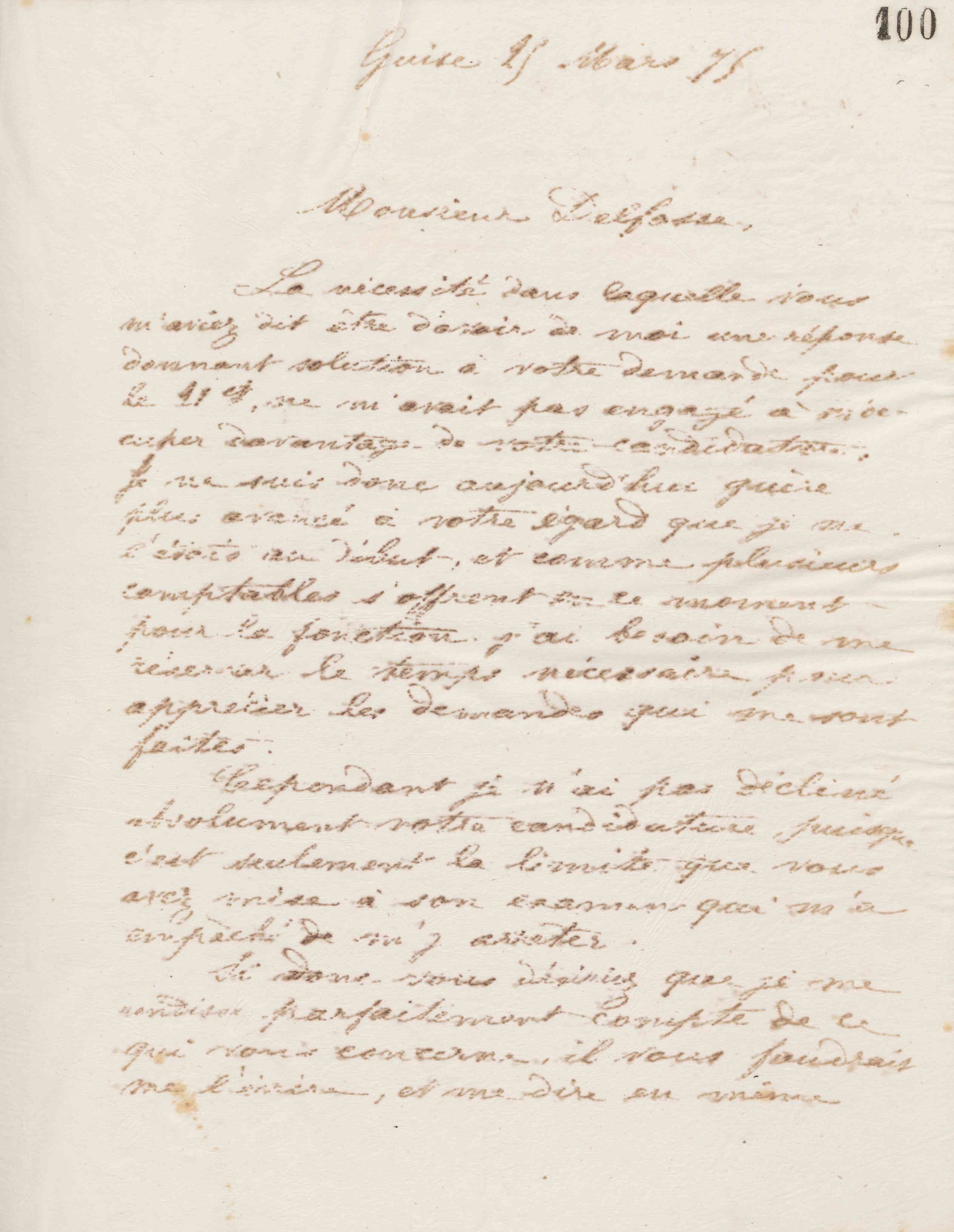 Jean-Baptiste André Godin à monsieur Delfosse, 25 mars 1875