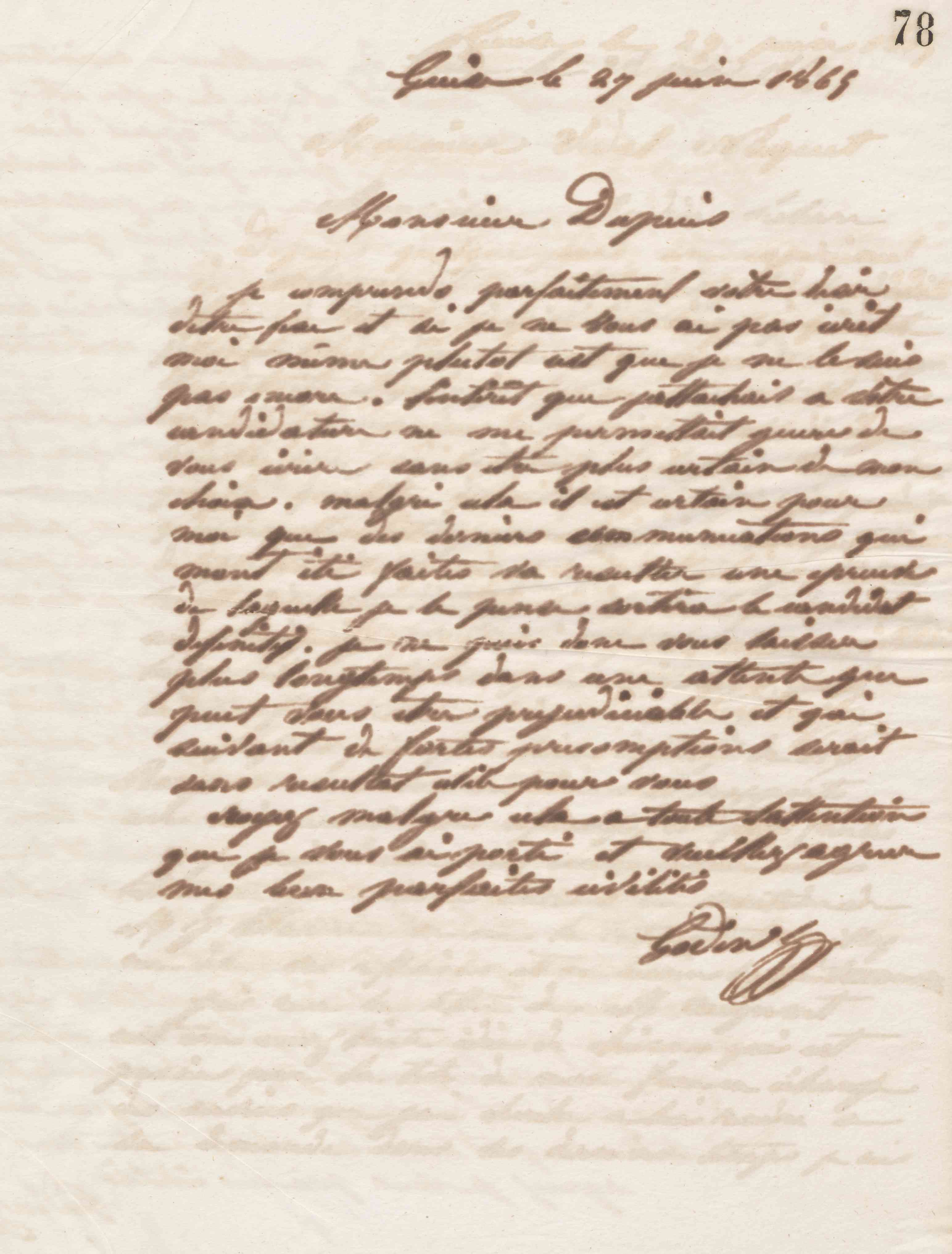 Jean-Baptiste André Godin à monsieur Dupuis, 27 juin 1865