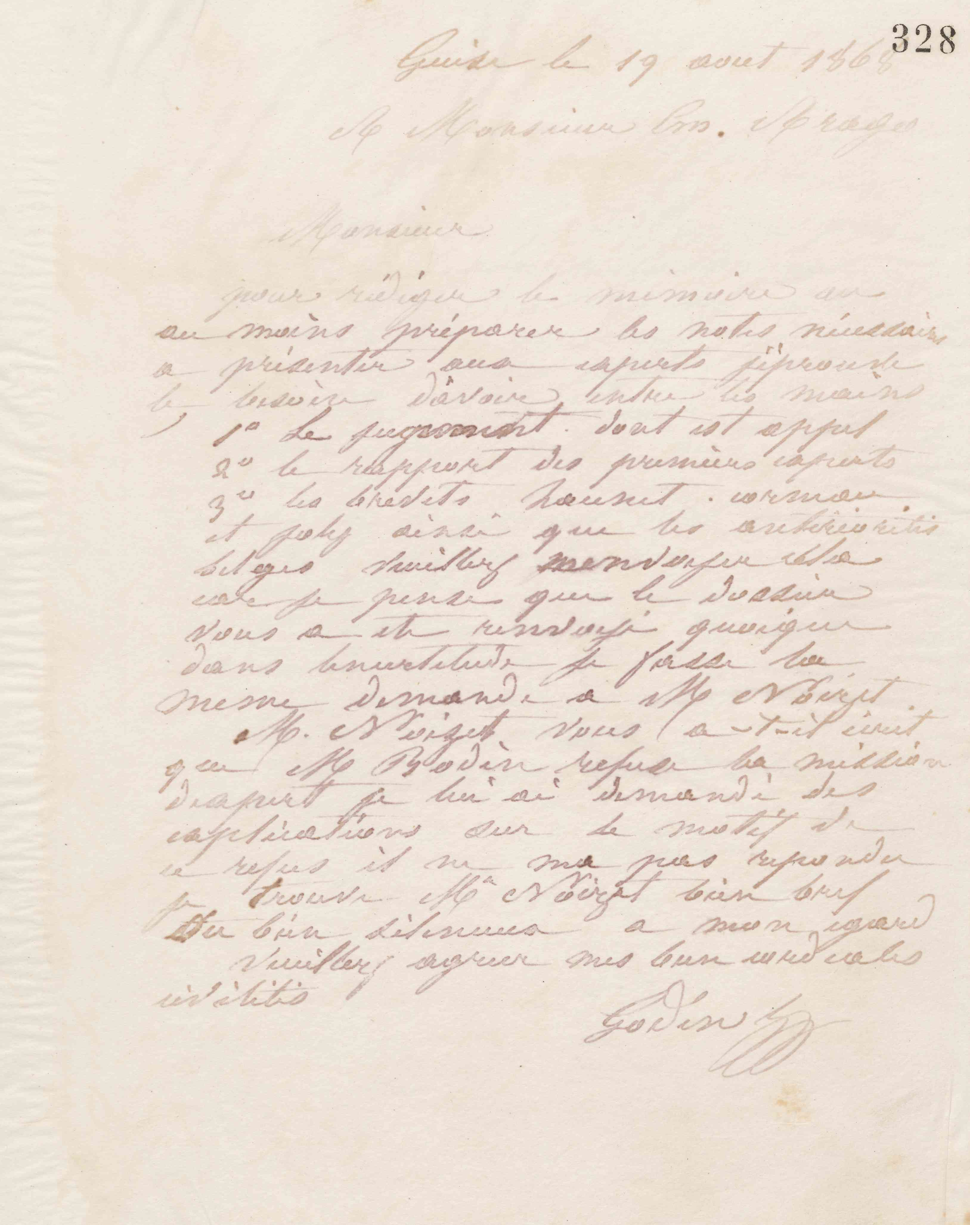 Jean-Baptiste André Godin à Emmanuel Arago, 19 août 1868