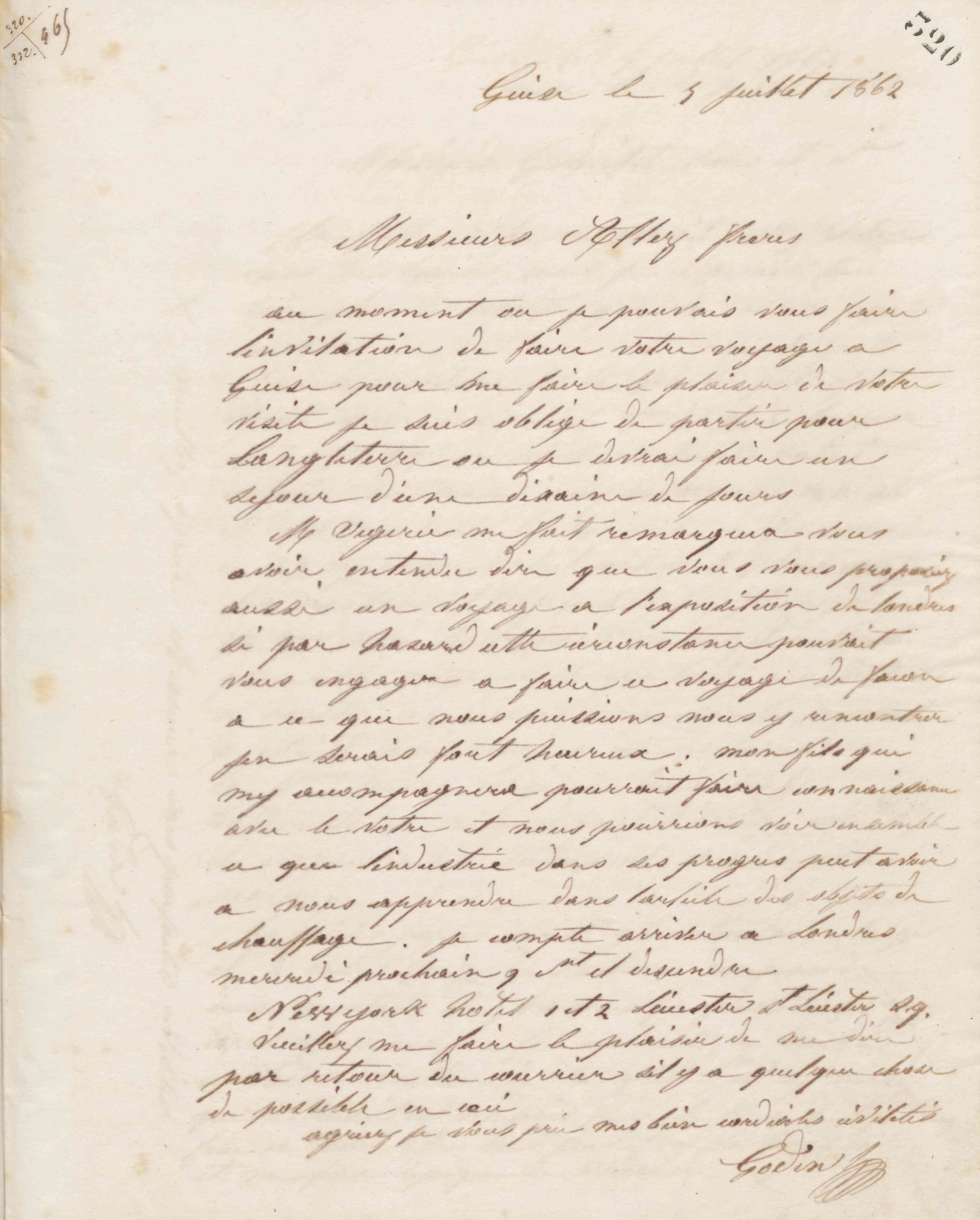Jean-Baptiste André Godin à messieurs Allez frères, 5 juillet 1862