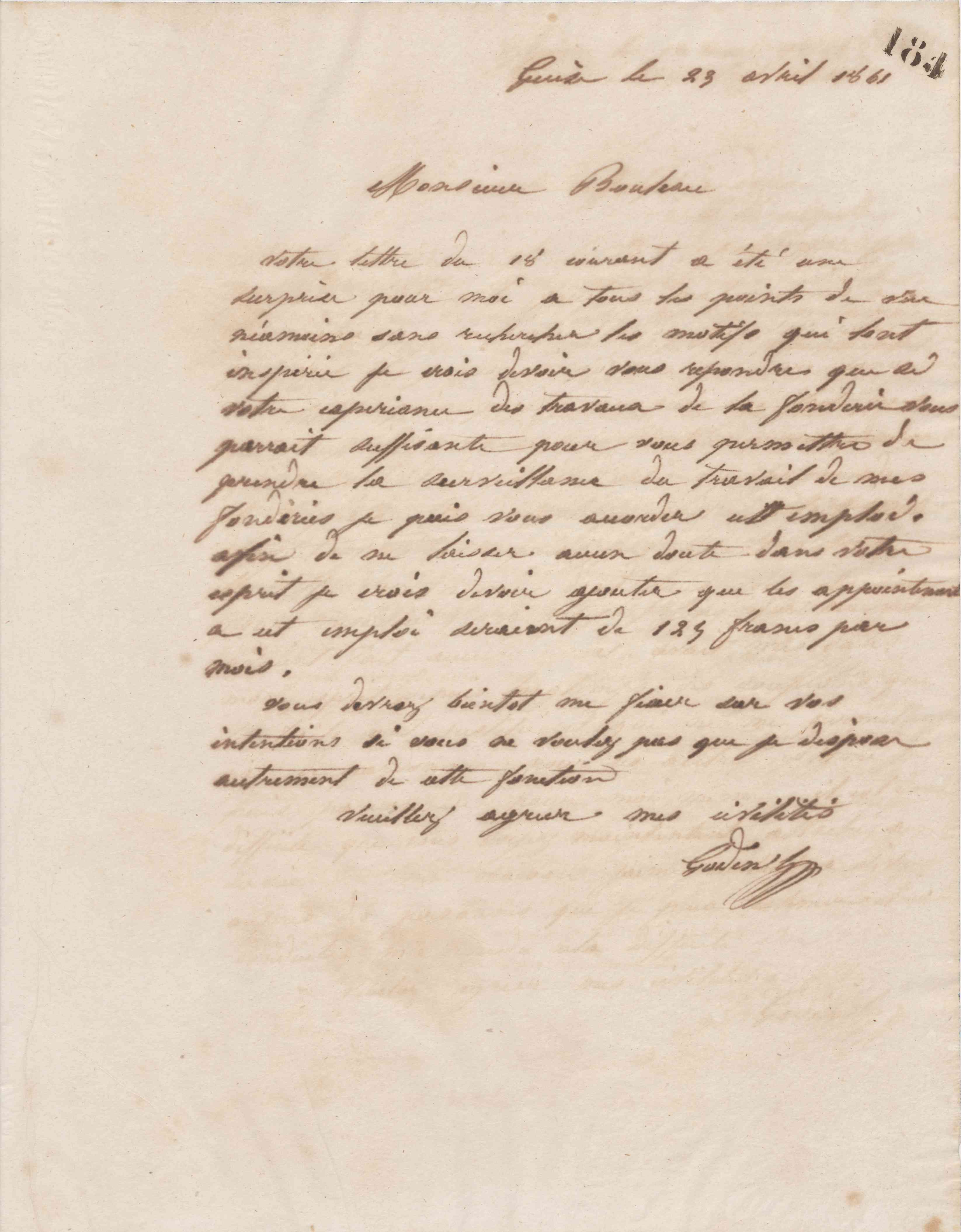 Jean-Baptiste André Godin à monsieur Bouleau, 23 avril 1861