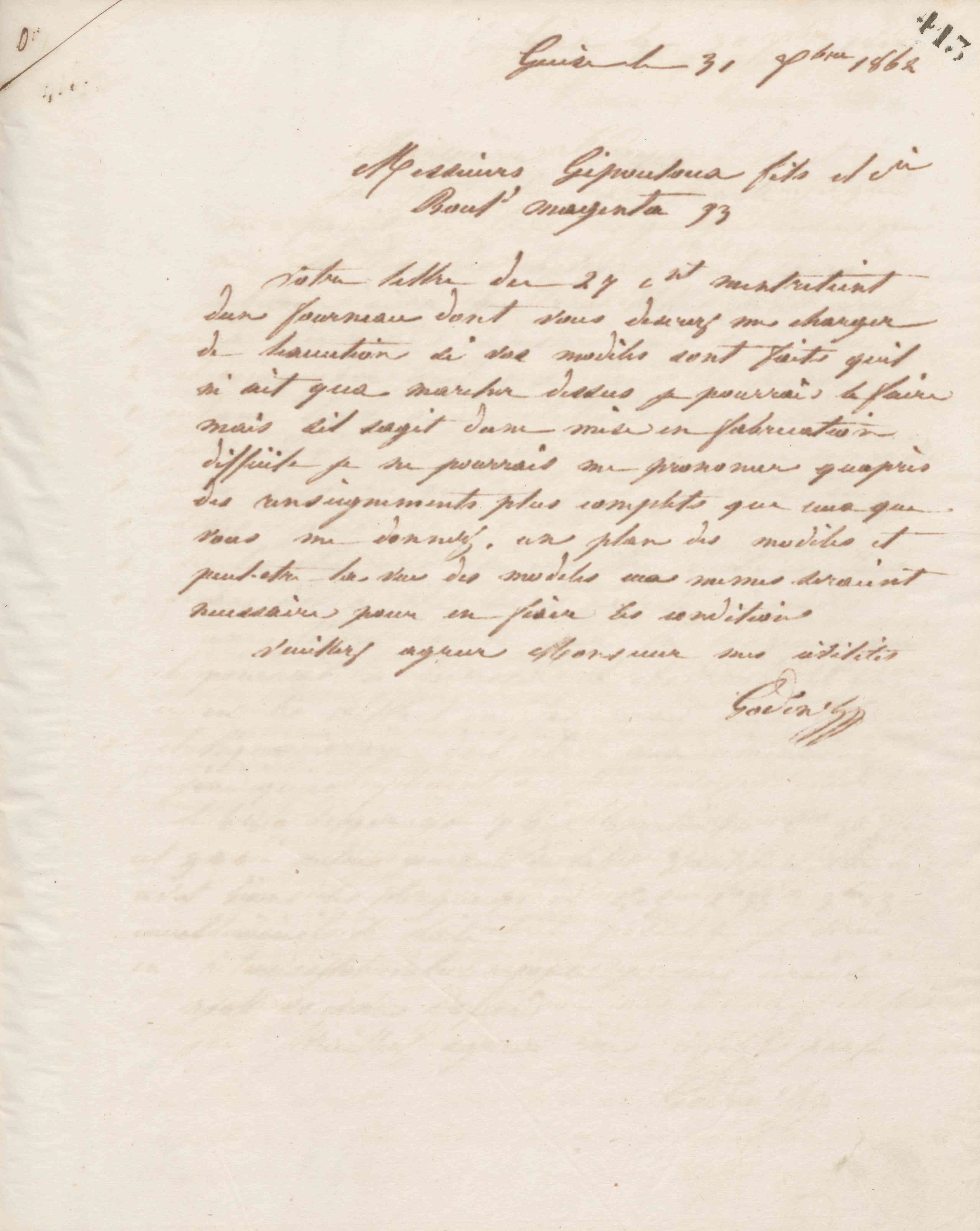 Jean-Baptiste André Godin à Gipouloux fils et cie, 31 décembre 1862