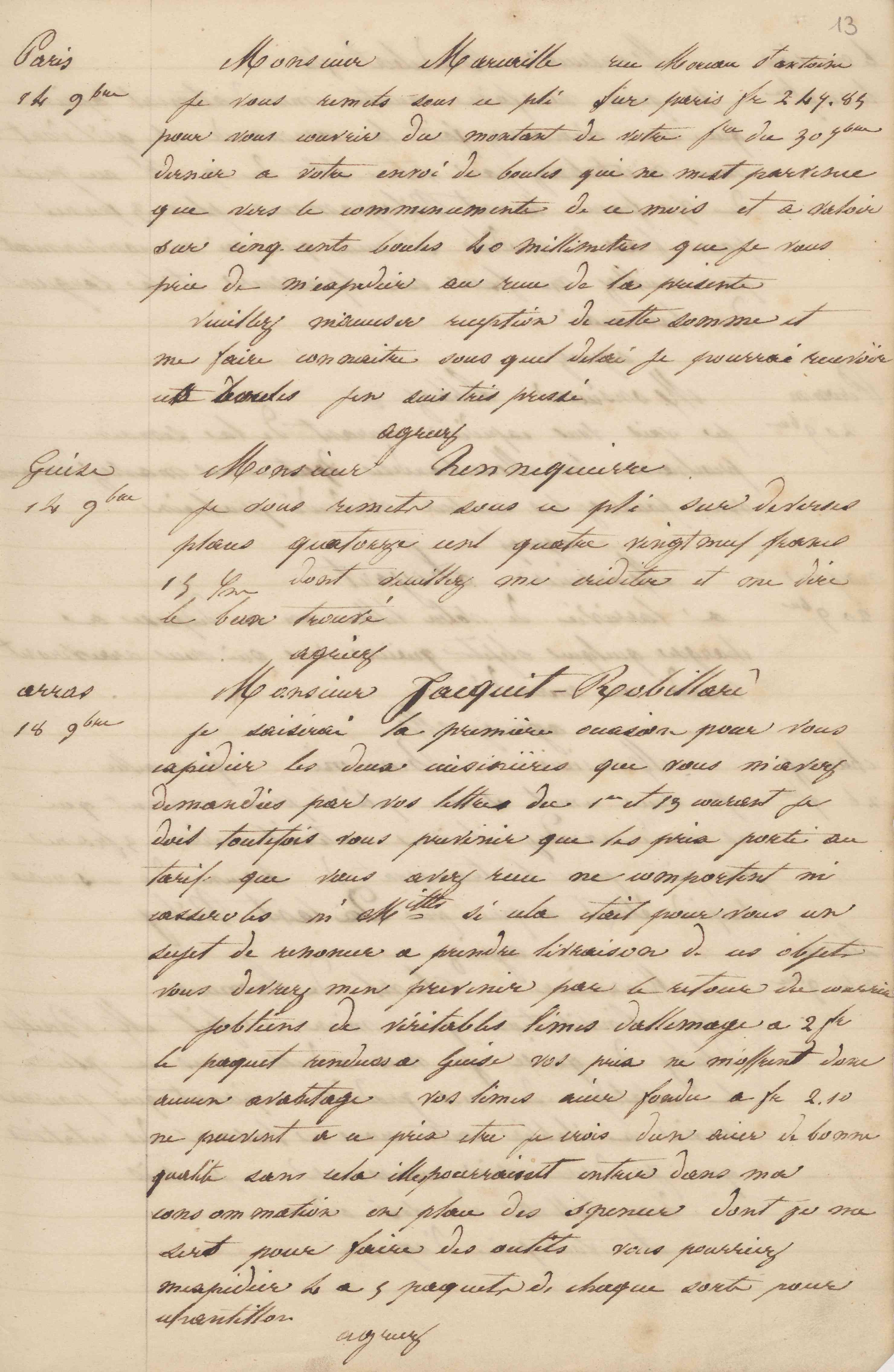 Jean-Baptiste André Godin à monsieur Jacquet-Robillard, 18 novembre 1846