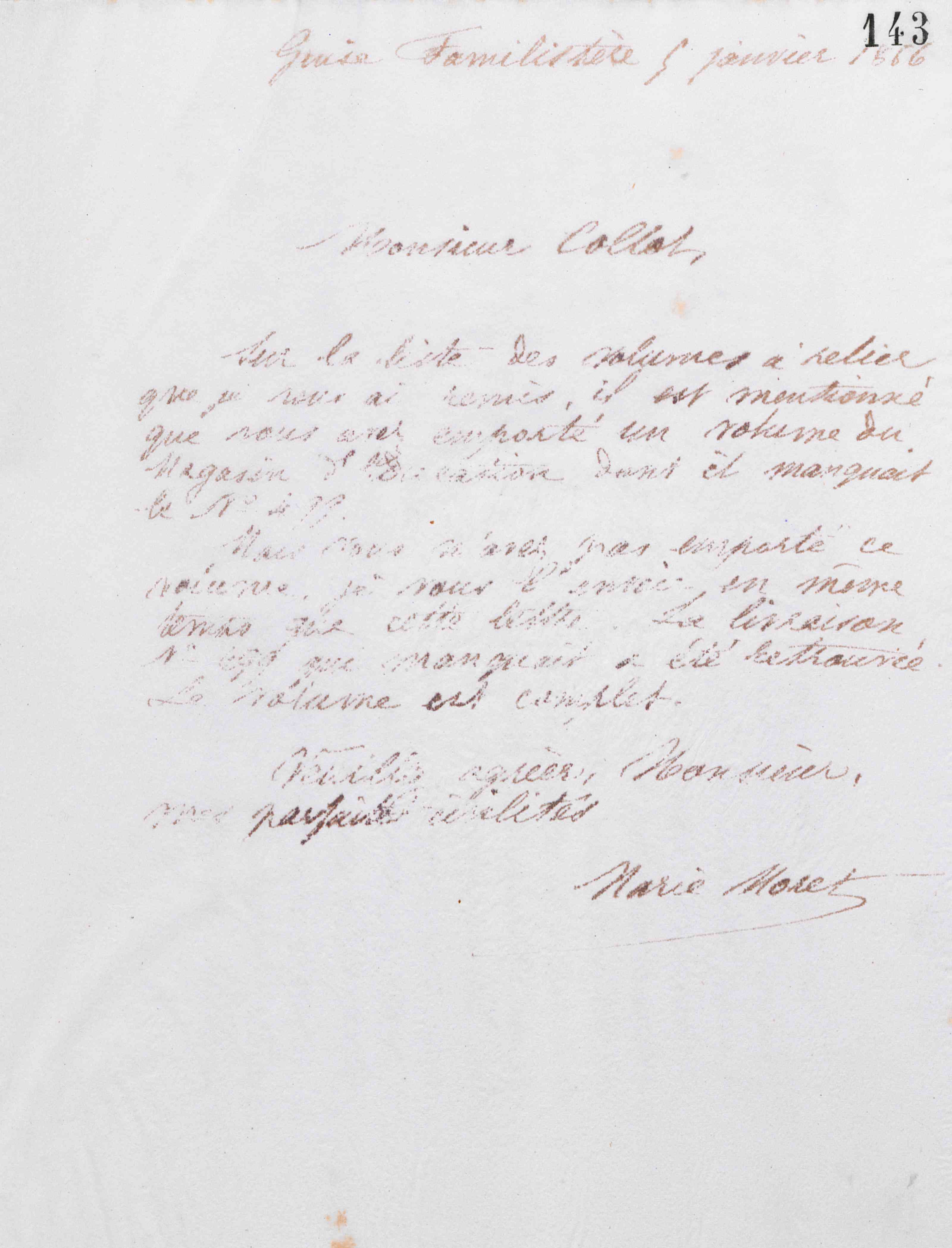 Marie Moret à monsieur Collot, 5 janvier 1886