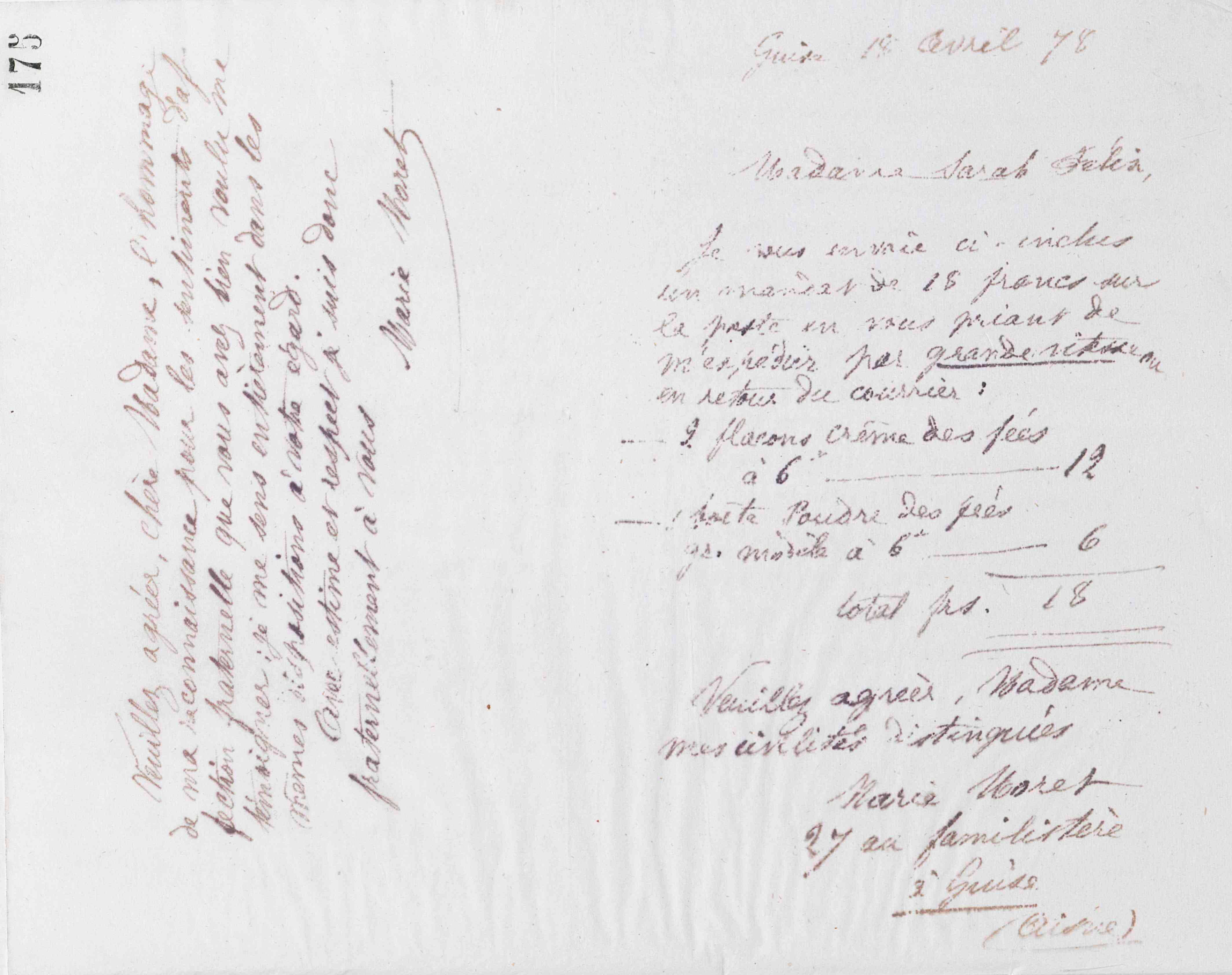 Marie Moret à Sarah Félix, 18 avril 1878