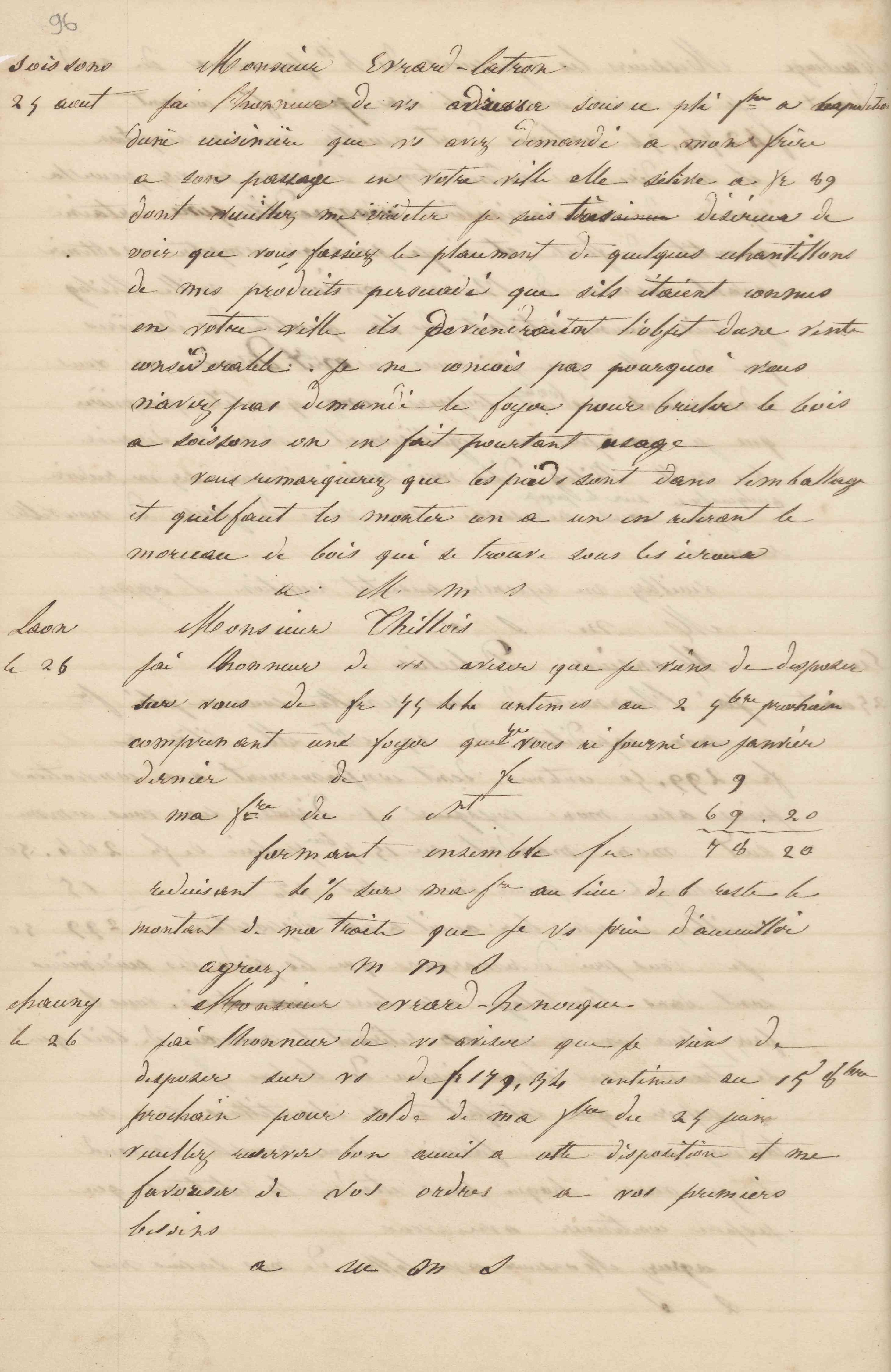 Jean-Baptiste André Godin à monsieur Évrard-Latron, 25 août 1847