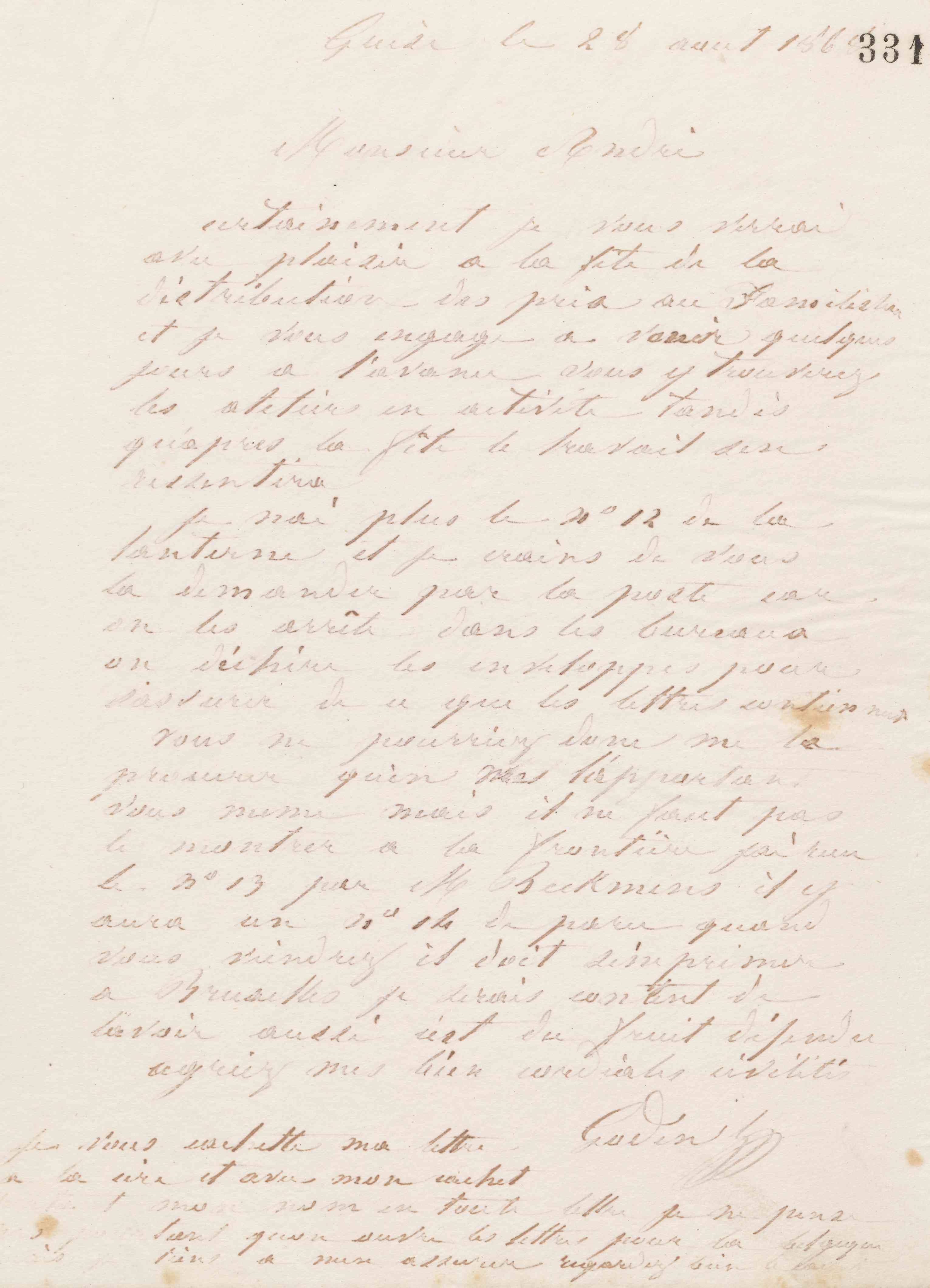 Jean-Baptiste André Godin à Eugène André, 28 août 1868