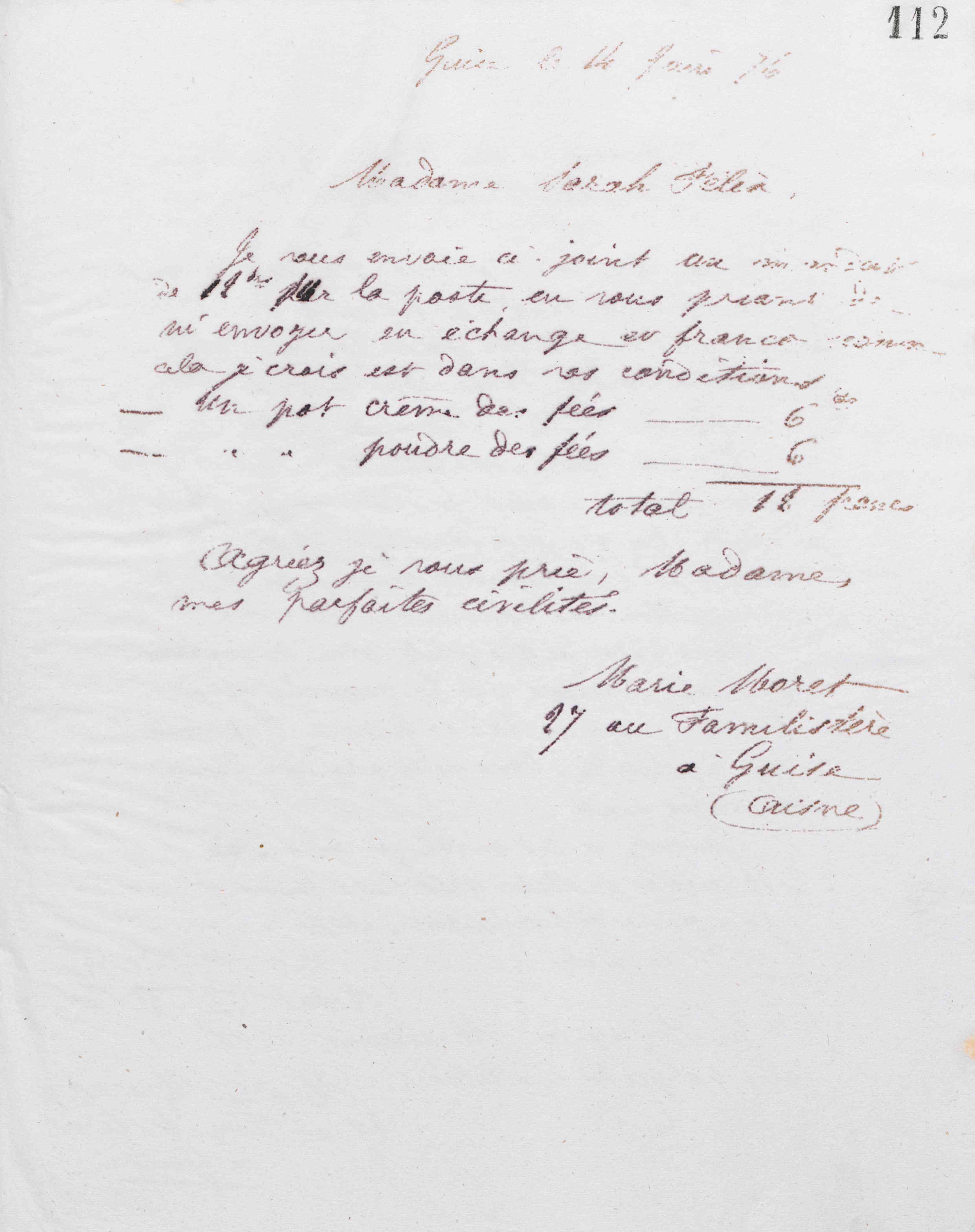 Marie Moret à Sarah Félix, 14 juin 1876 Marie Moret à Sarah Félix, 14 juin 1876