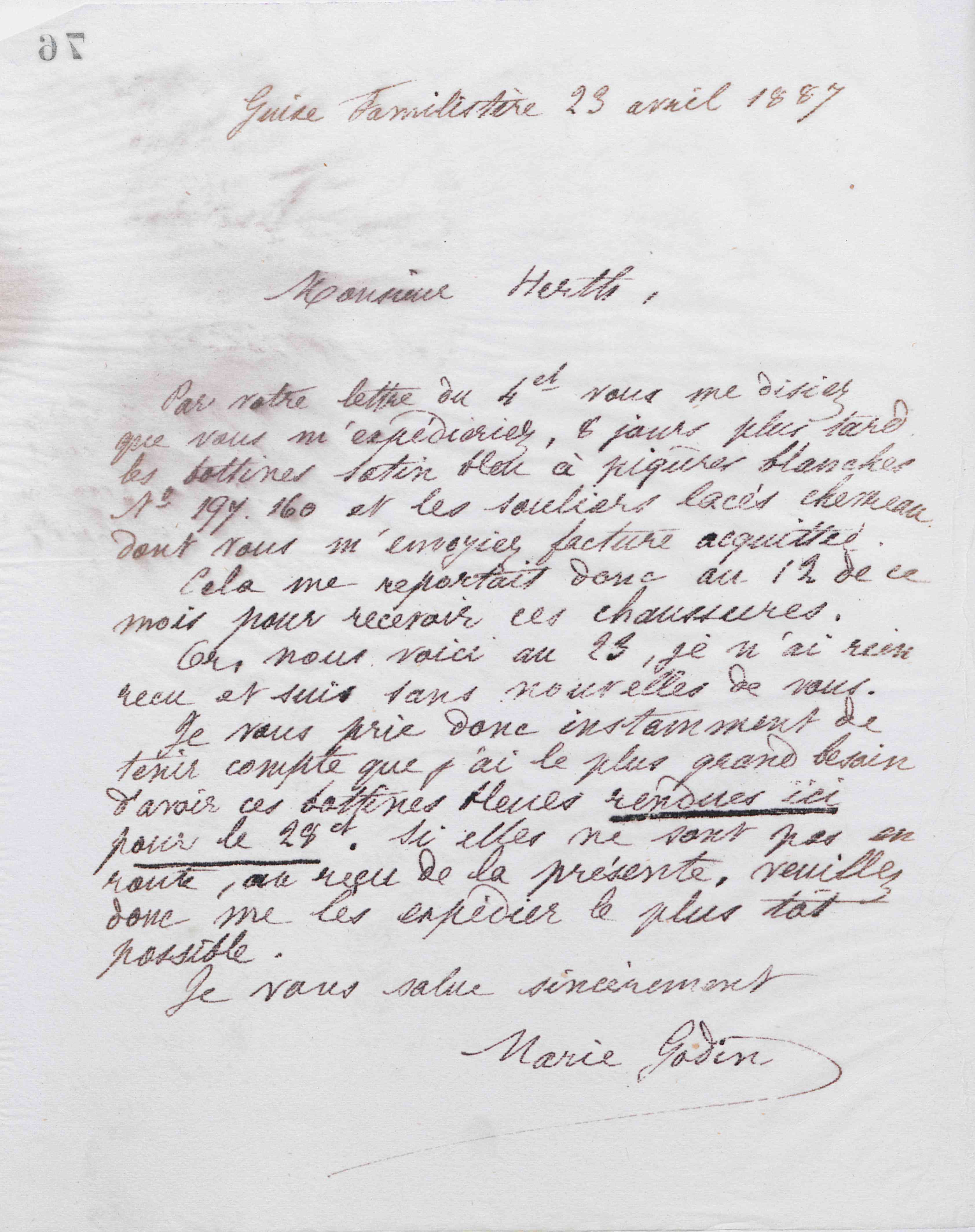 Marie Moret à Henry Herth, 23 avril 1887