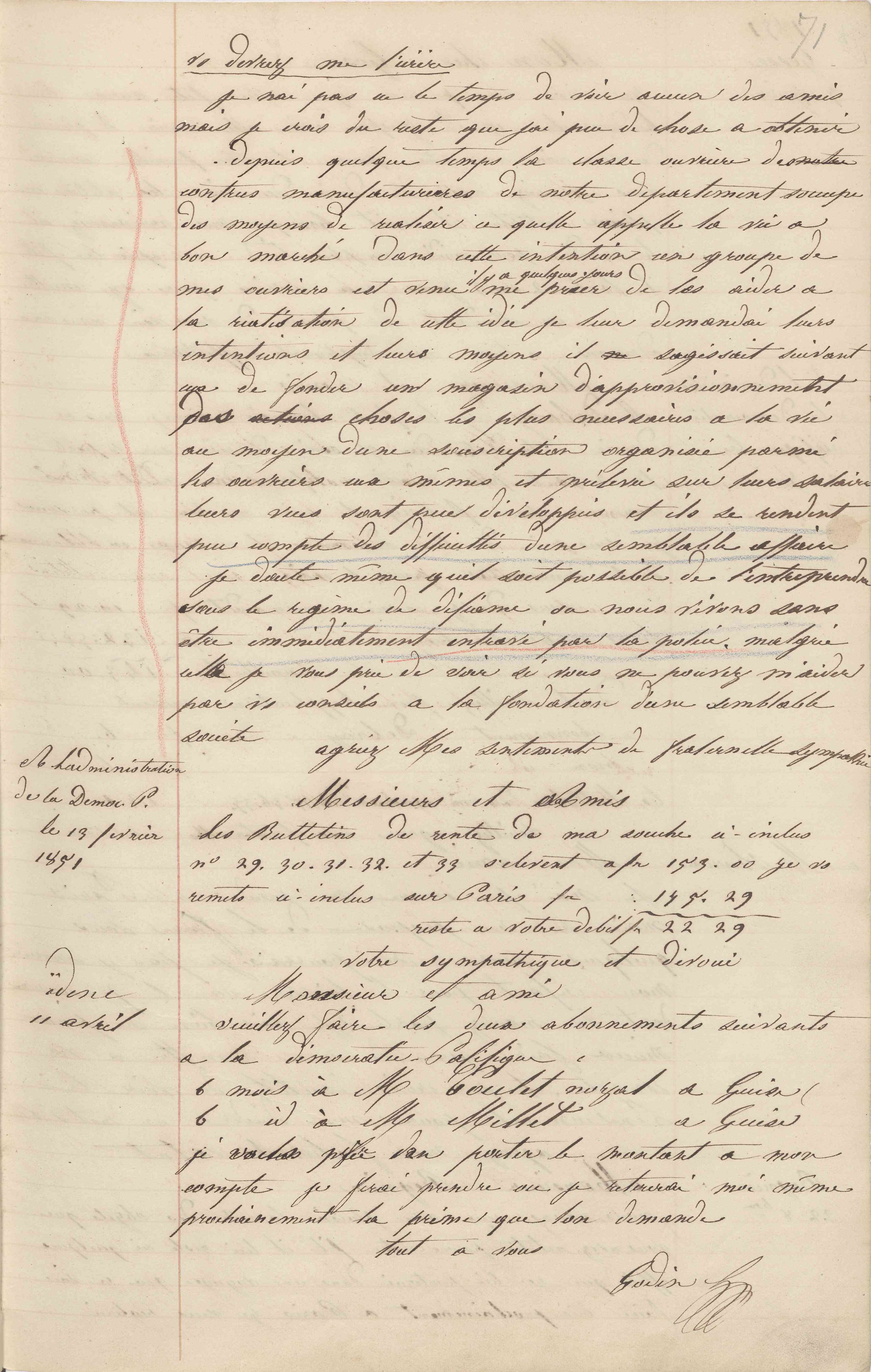 Jean-Baptiste André Godin aux administrateurs de La Démocratie pacifique, 11 avril 1851