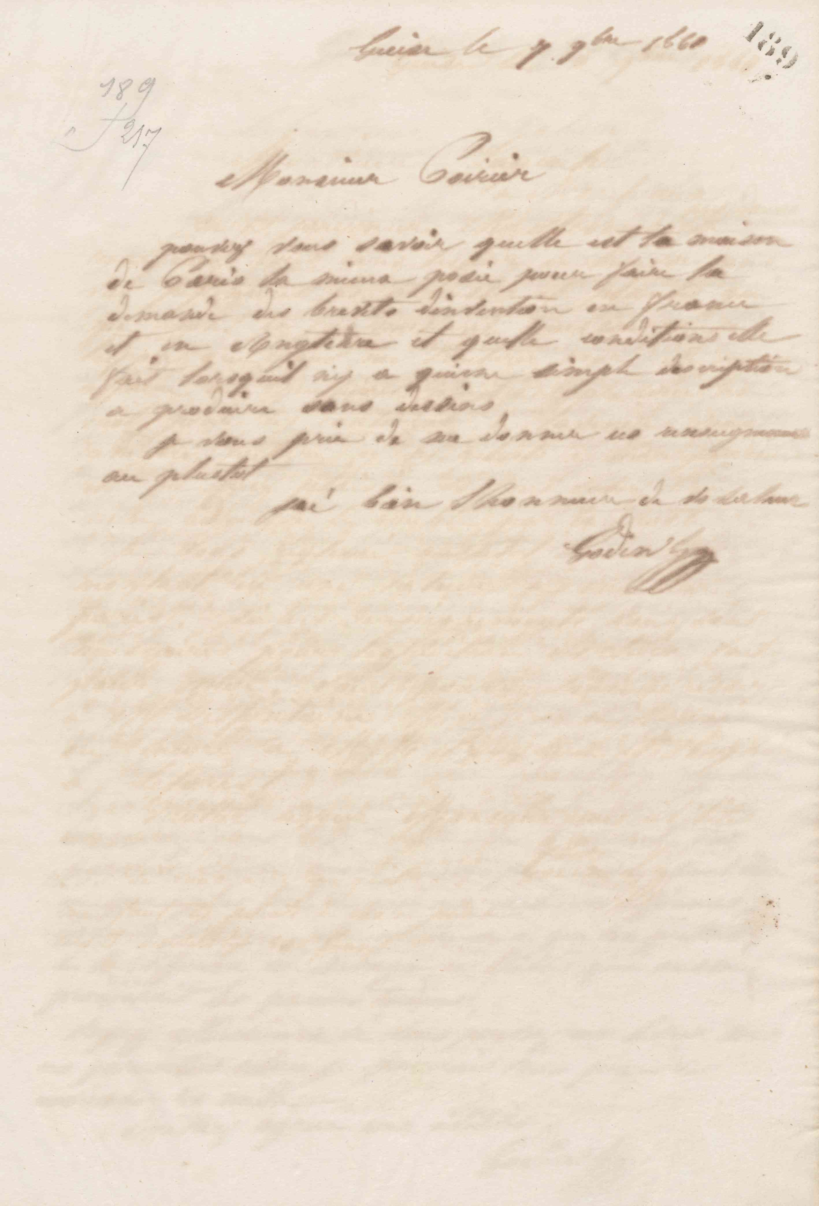 Jean-Baptiste André Godin à monsieur Ch. Poirier, 7 novembre 1861