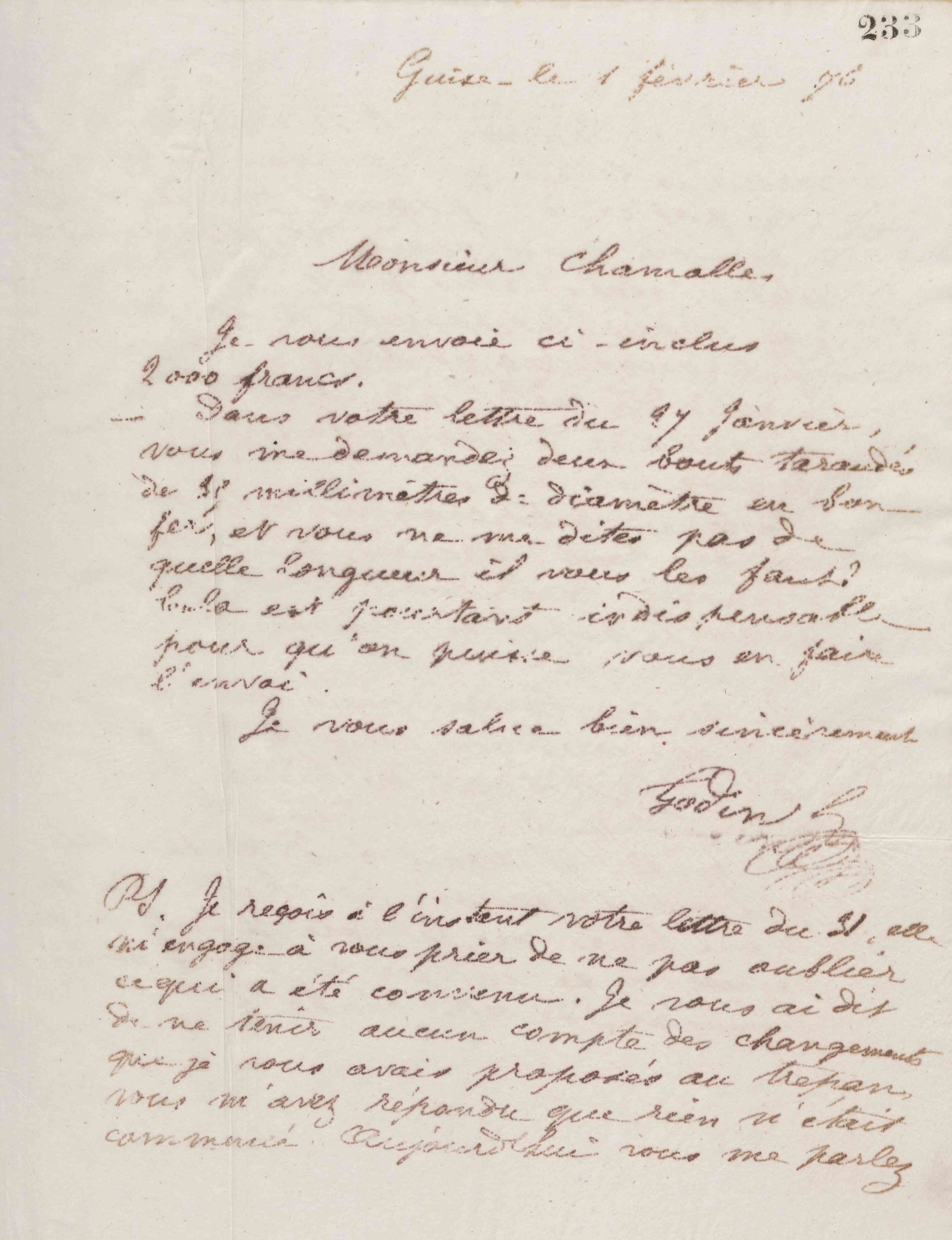 Jean-Baptiste André Godin à monsieur Chamolle, 1er février 1876