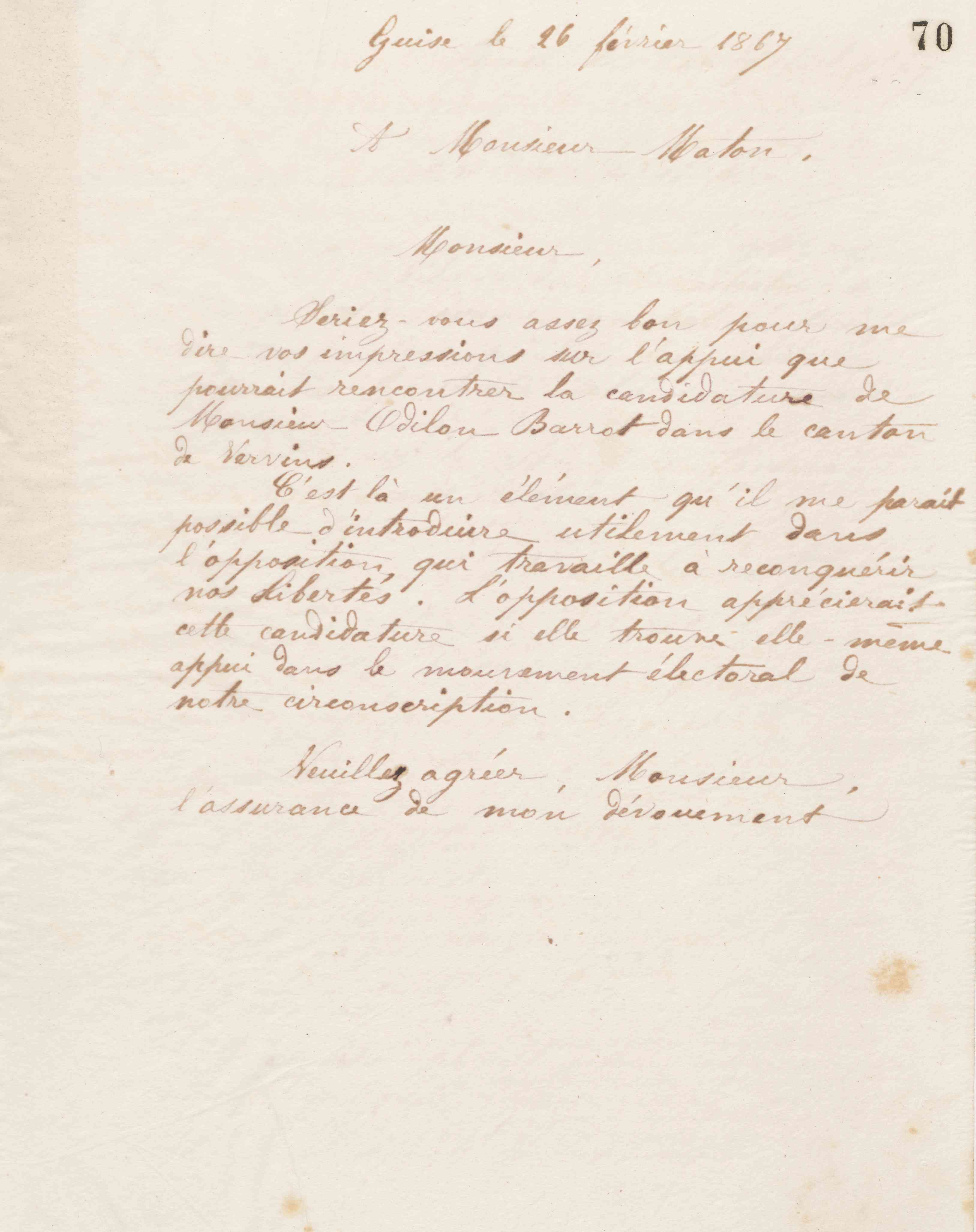 Jean-Baptiste André Godin à monsieur Matton, 26 février 1867