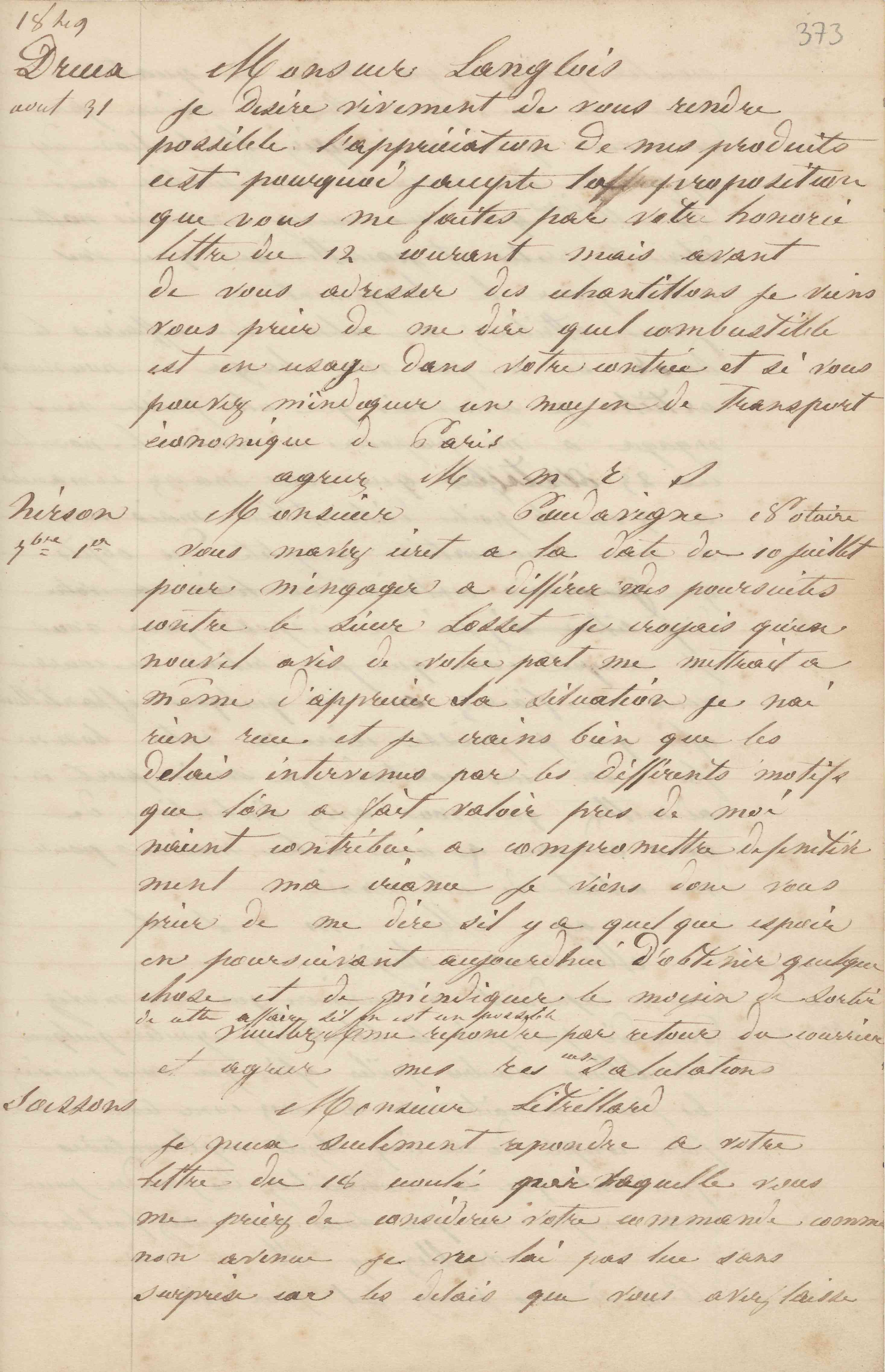 Jean-Baptiste André Godin à monsieur Langlois, 31 août 1849