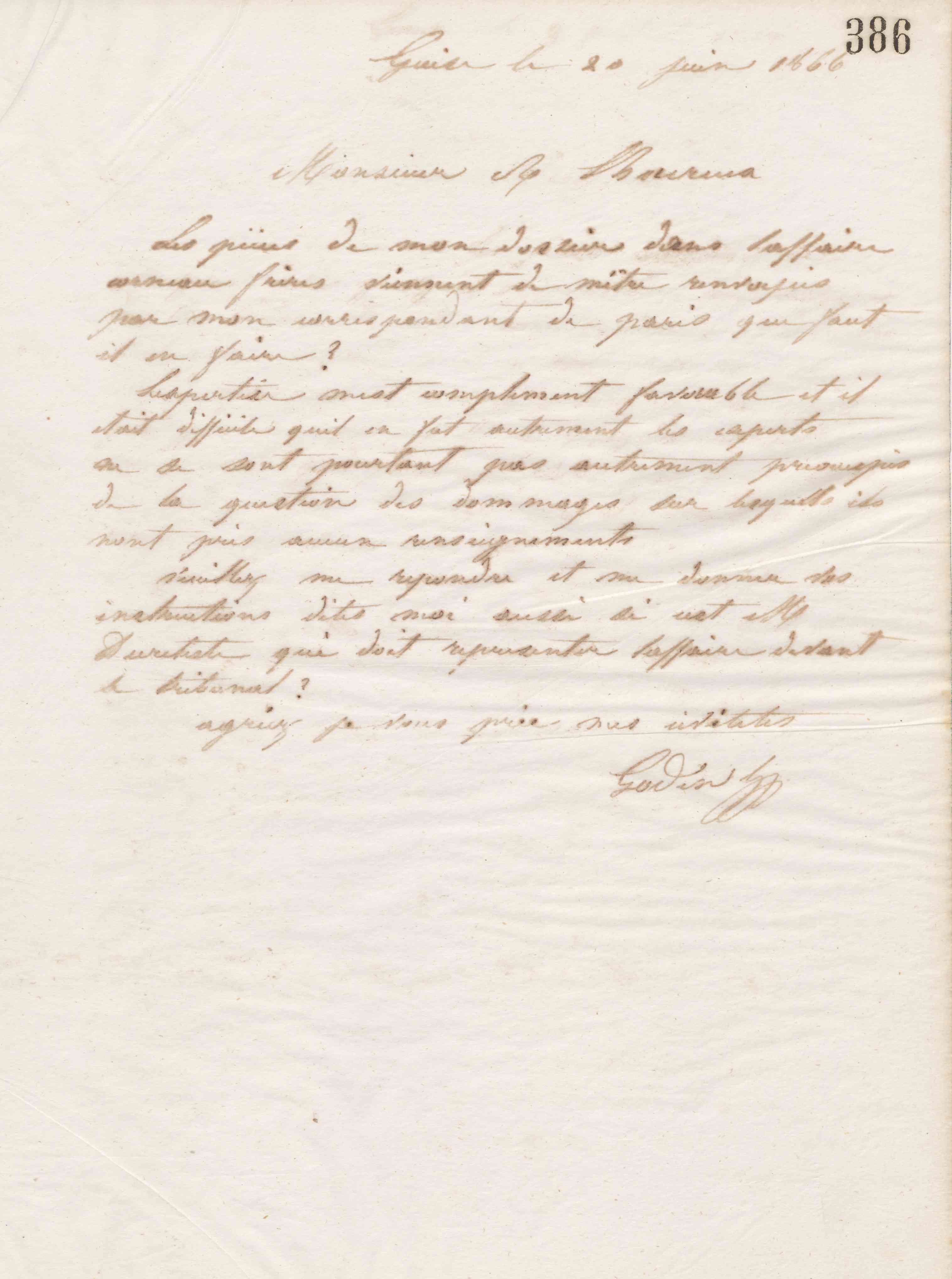 Jean-Baptiste André Godin à monsieur A. Lheureux, 20 juin 1866
