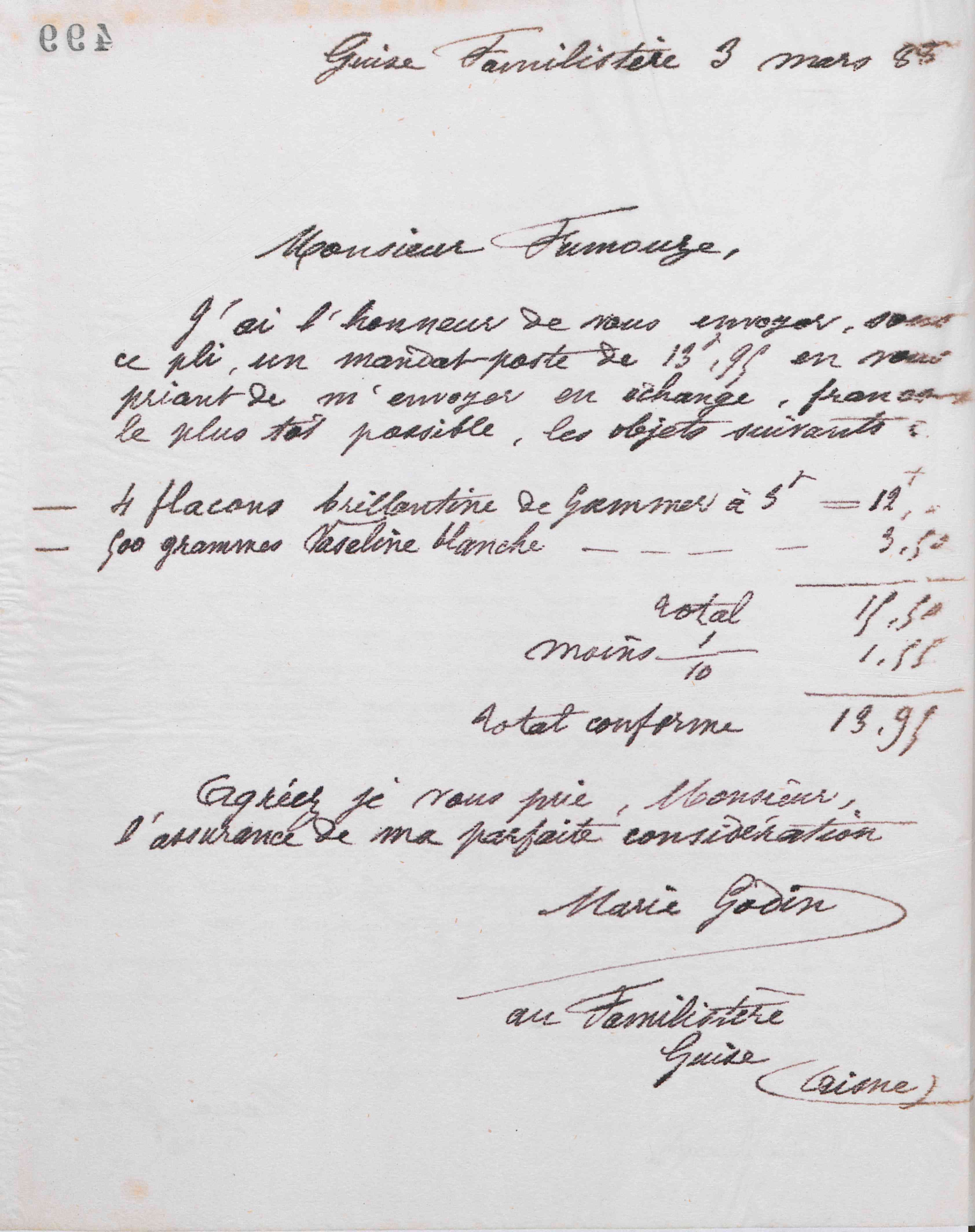 Marie Moret à Fumouze frères, 3 mars 1888
