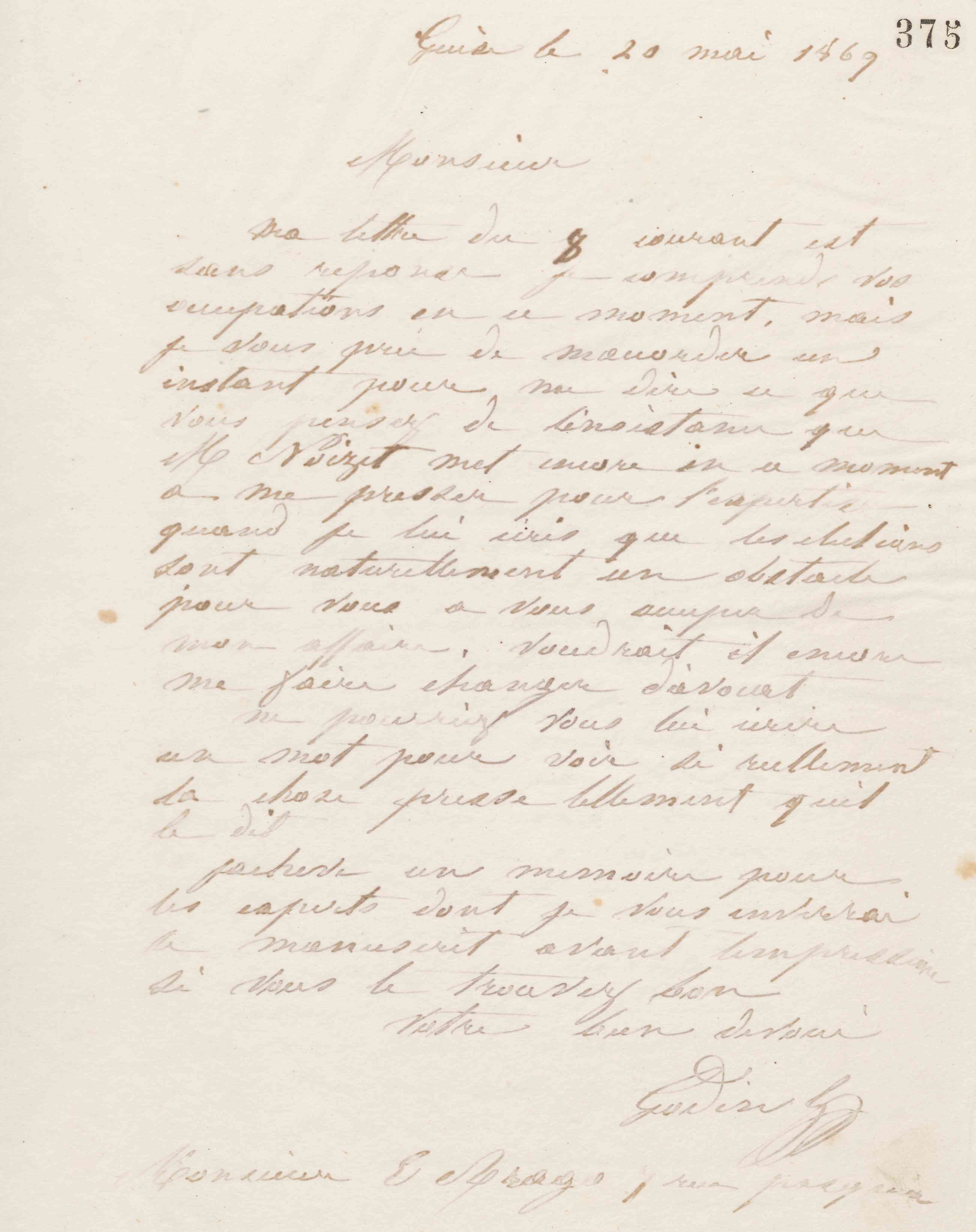 Jean-Baptiste André Godin à Emmanuel Arago, 20 mai 1869