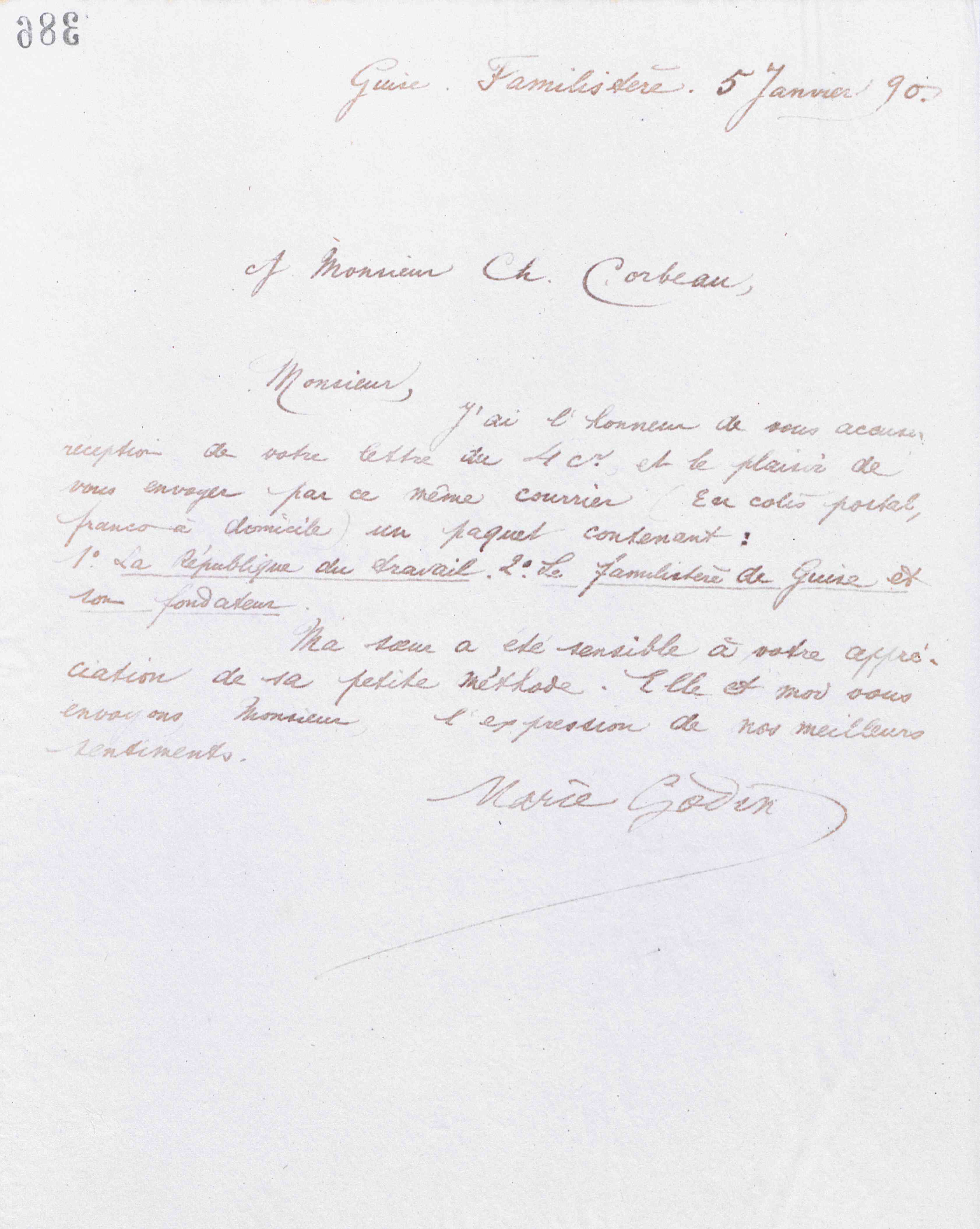Marie Moret à Charles Corbeau, 5 janvier 1890