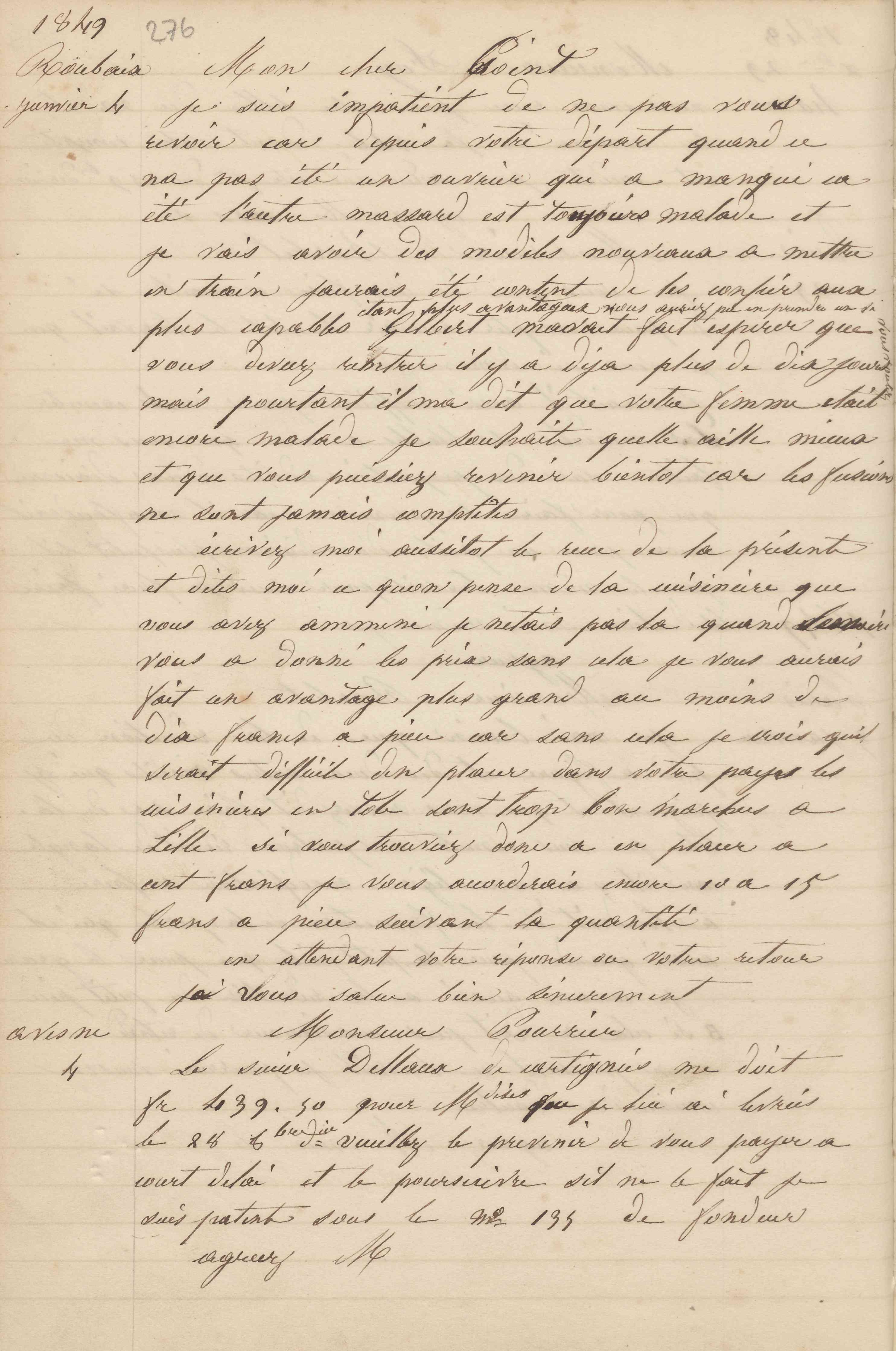 Jean-Baptiste André Godin à monsieur Point, 4 janvier 1849
