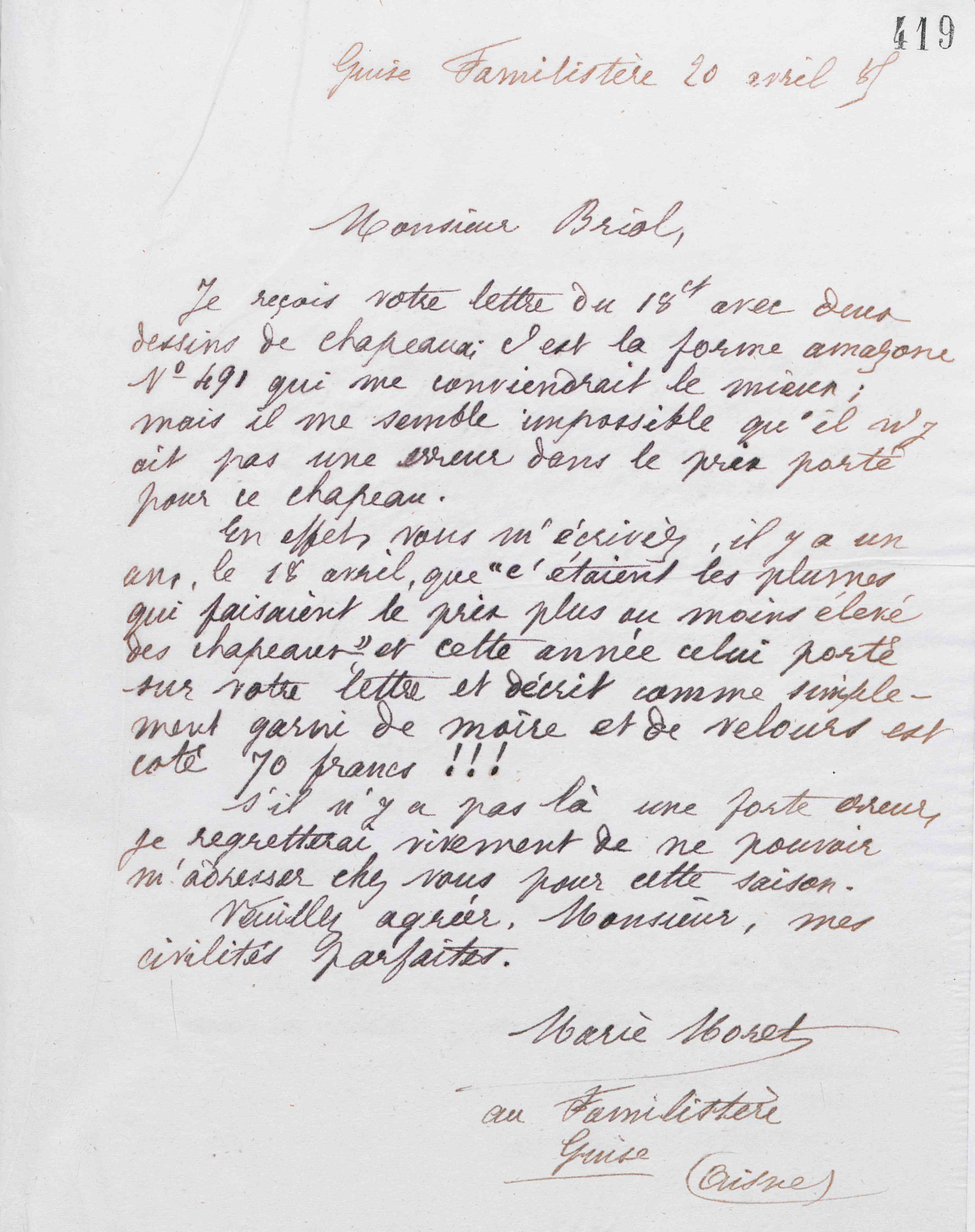 Marie Moret à Auguste Briol, 20 avril 1885