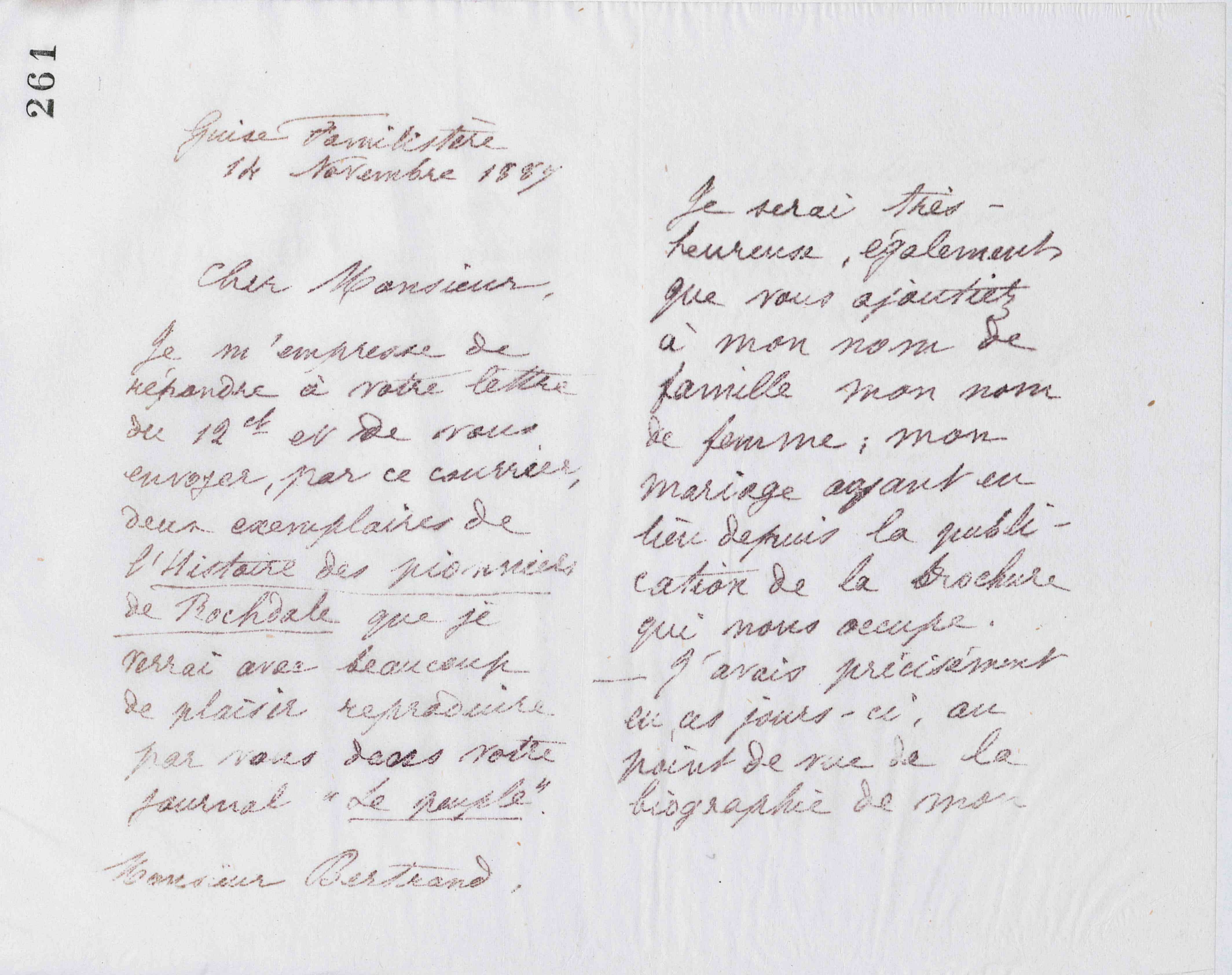 Marie Moret à Louis Bertrand, 14 novembre 1887 Marie Moret à Louis Bertrand, 14 novembre 1887