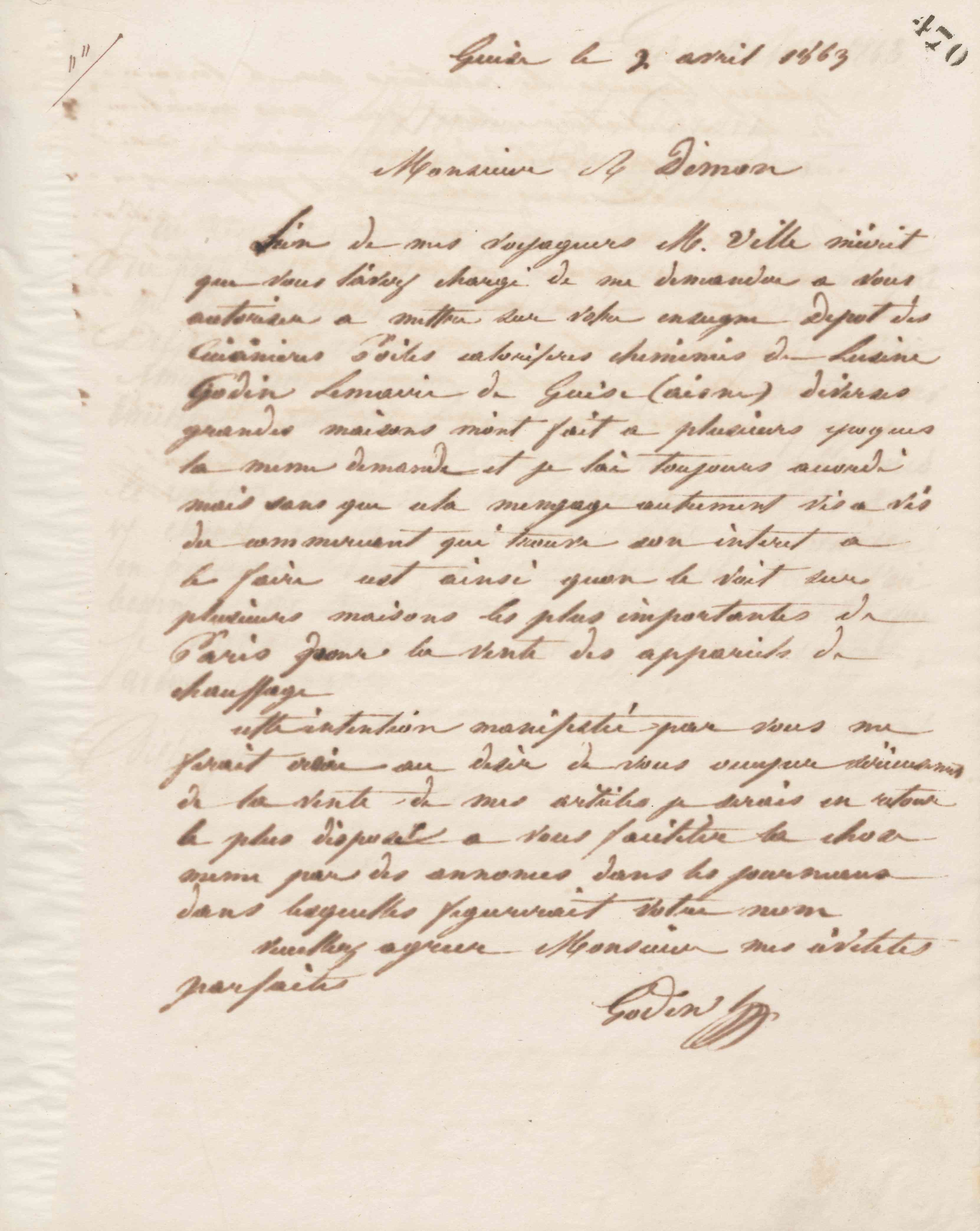 Jean-Baptiste André Godin à monsieur A. Démon, 2 avril 1863