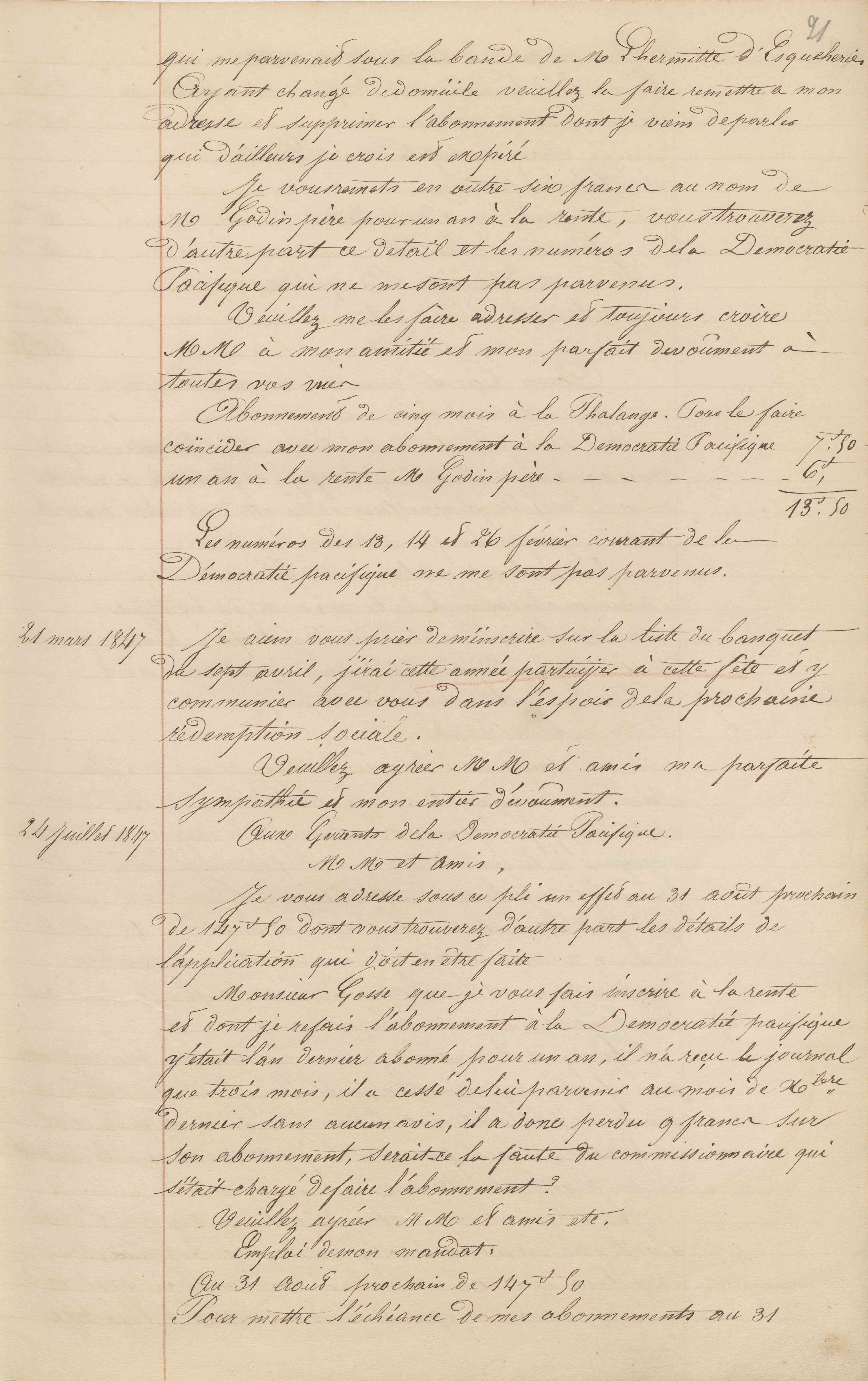 Jean-Baptiste André Godin aux gérants de La Démocratie pacifique, vers le 29 septembre 1847