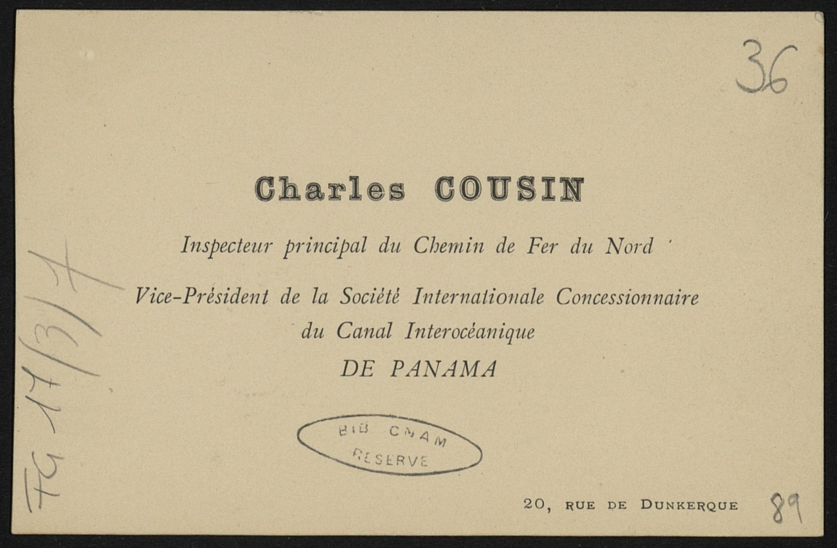 Carte de visite de Charles Cousin en qualité d'inspecteur principal du chemin de fer du Nord et de président de la Société internationale concessionnaire du canal interocéanique de Panama