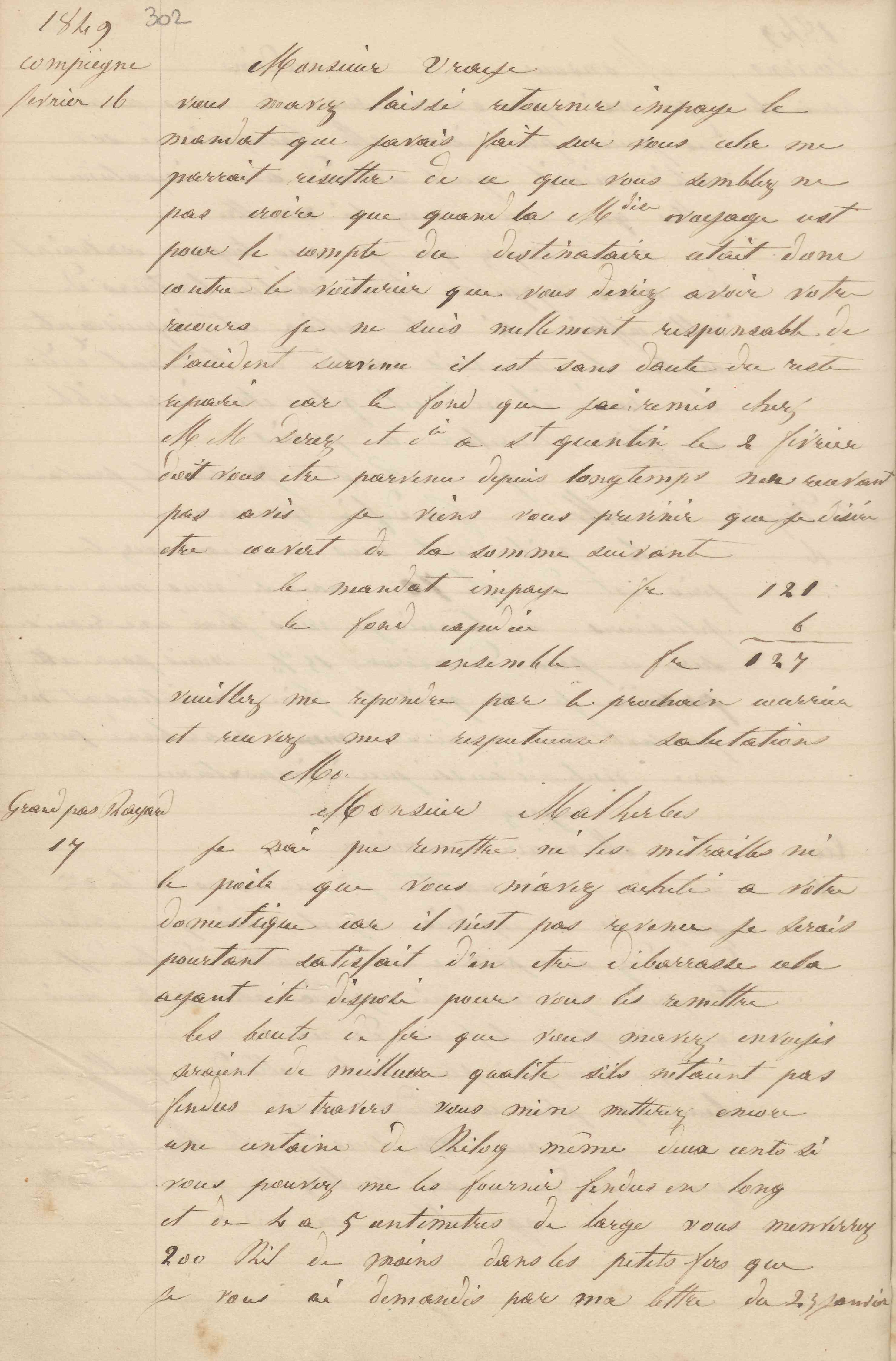 Jean-Baptiste André Godin à messieurs Herbecq et Malherbe, 17 février 1849