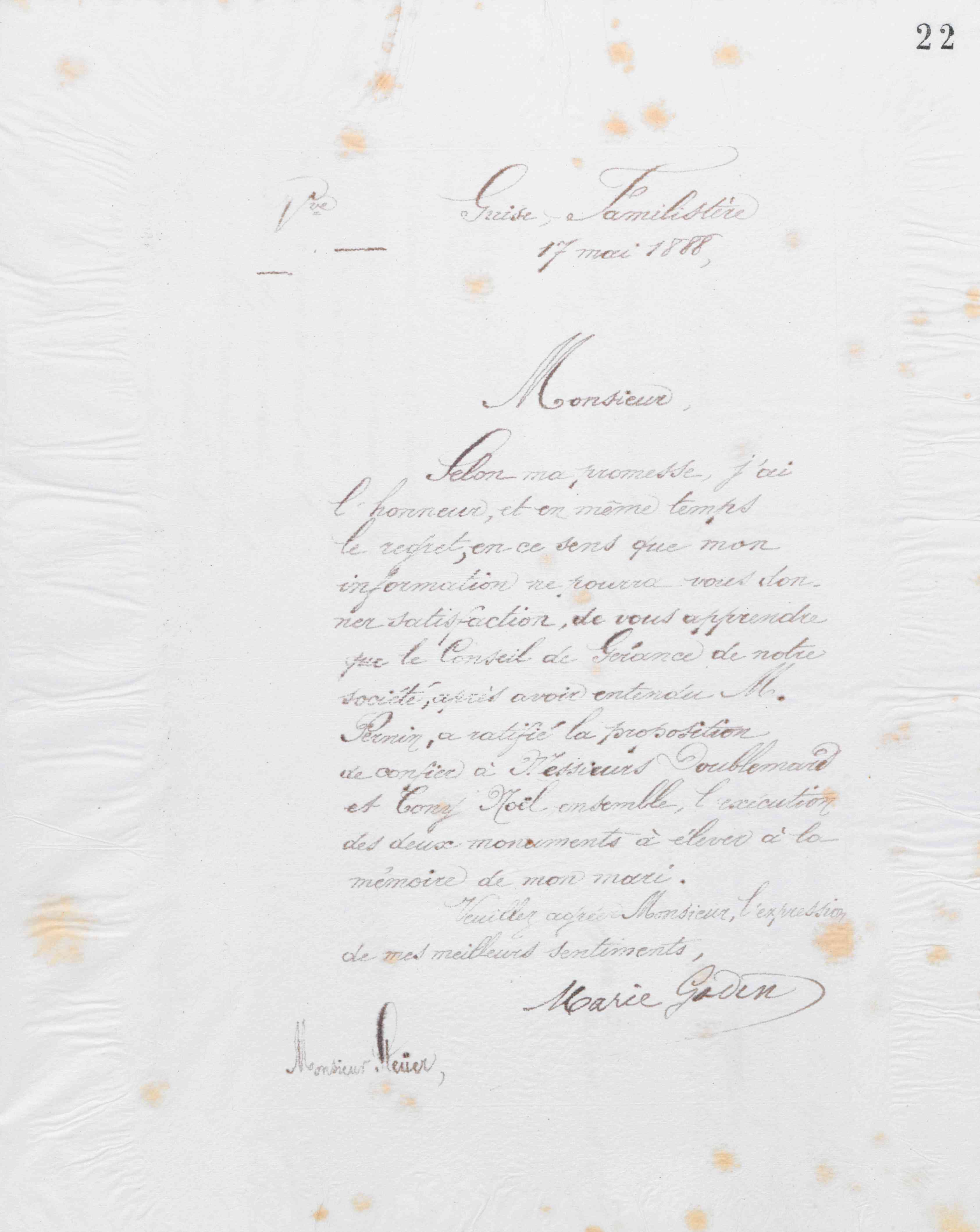 Marie Moret à Bernard Steüer, 17 mai 1888