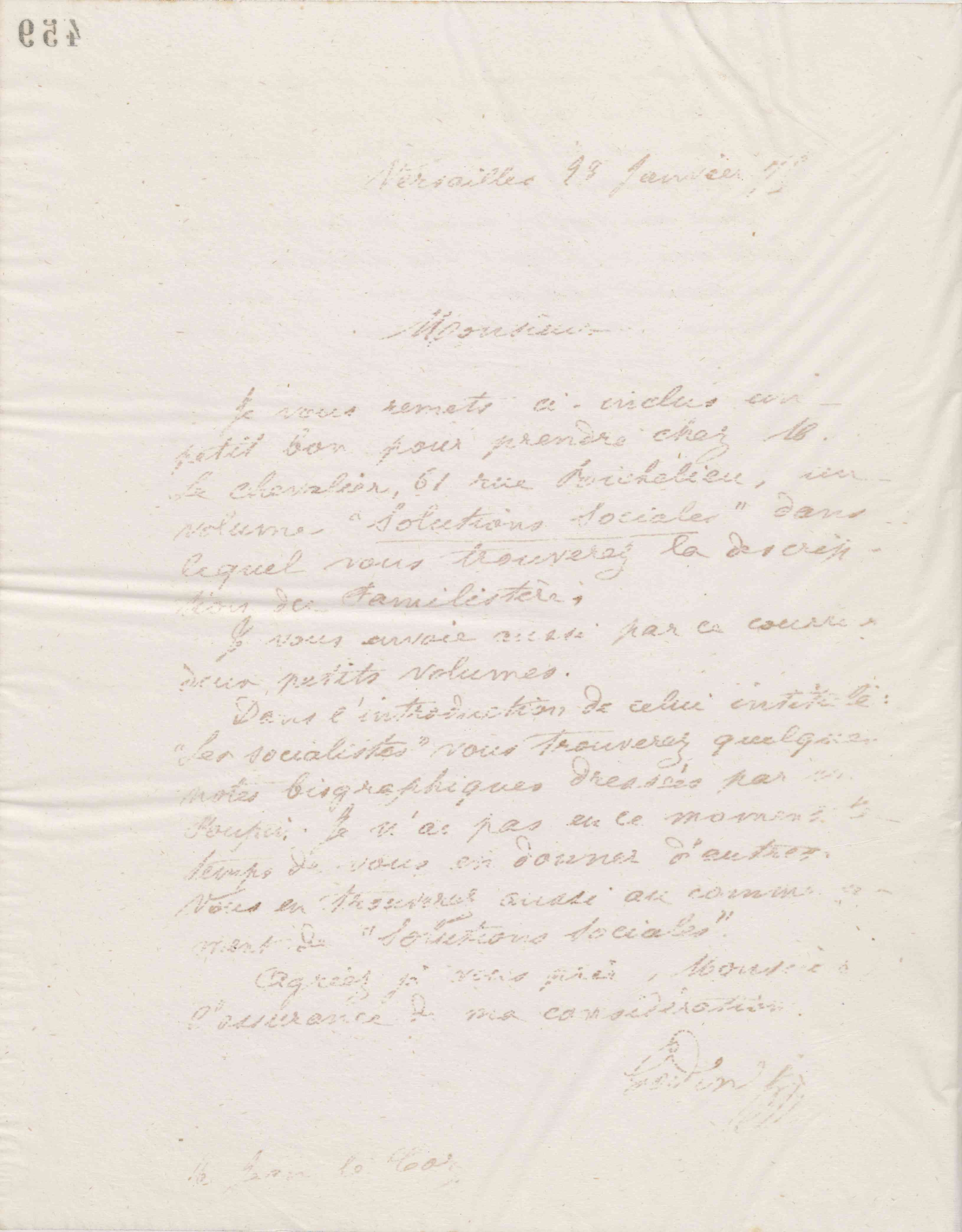 Jean-Baptiste André Godin à Jean Le Coz, 28 janvier 1875 Jean-Baptiste André Godin à Jean Le Coz, 28 janvier 1875